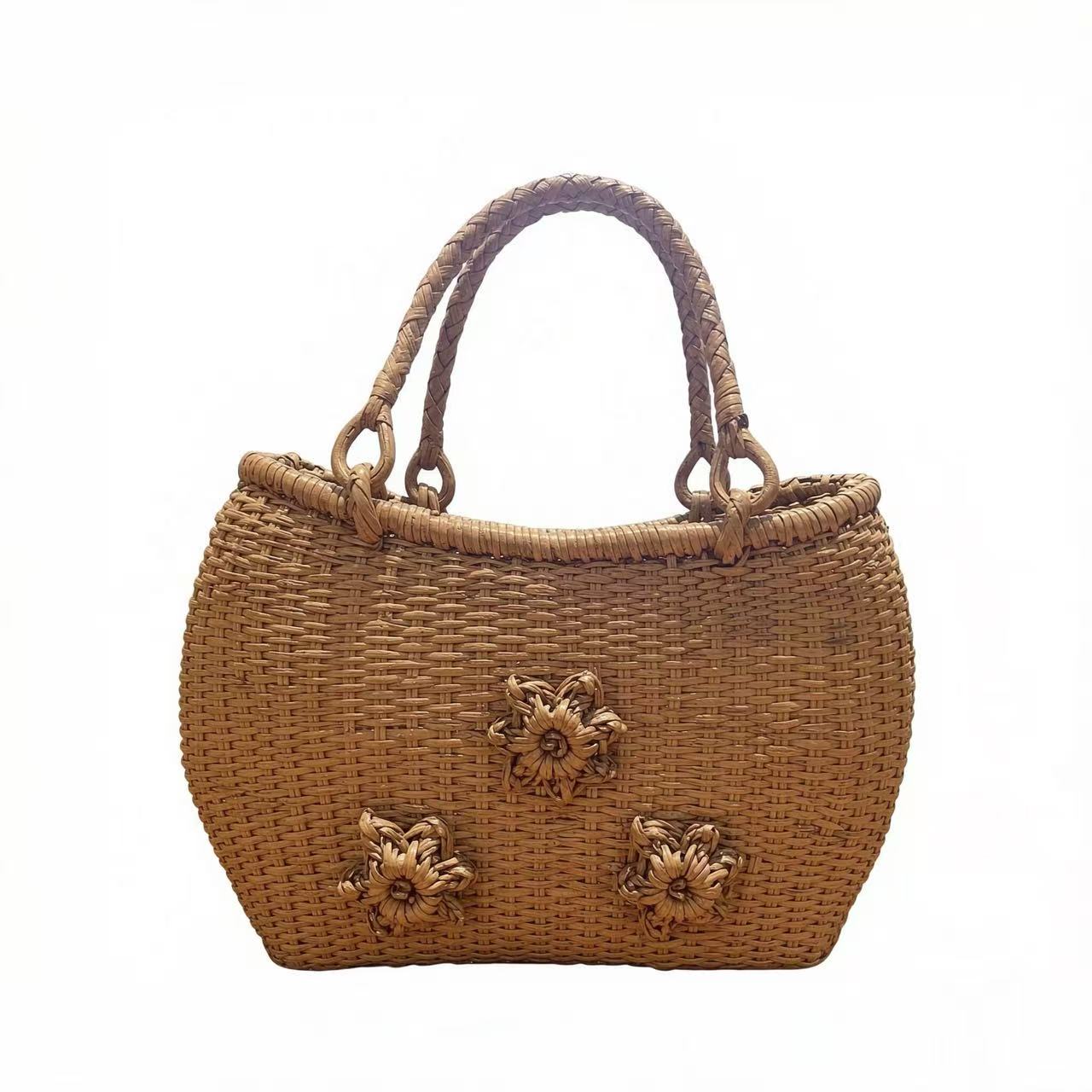  English：Handwoven Rattan Tote Bag Style No.5 With Handmade Floral Ornaments