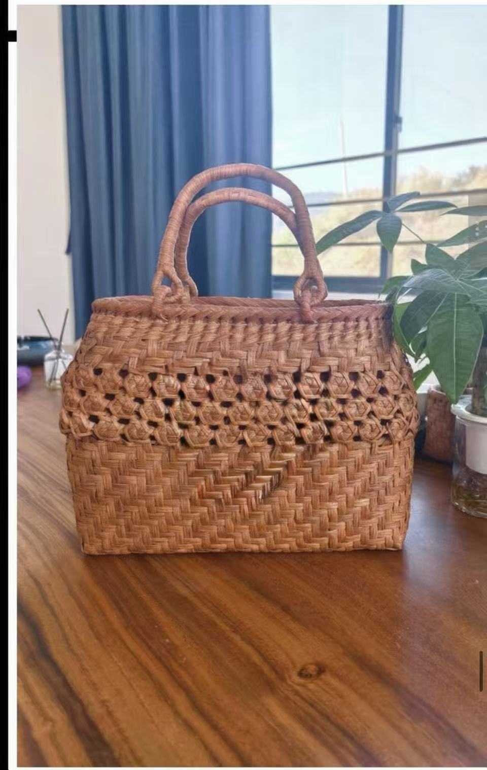  English：Handwoven Second Rattan Tote Bag Style No.14 (7mm Thick Rattan)