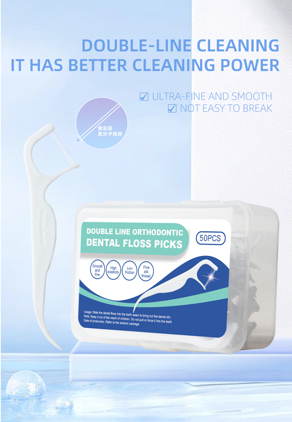 Double-Line Dental Floss Picks 50pcs/Box – Ready Stock | Low MOQ Custom Logo & Packaging