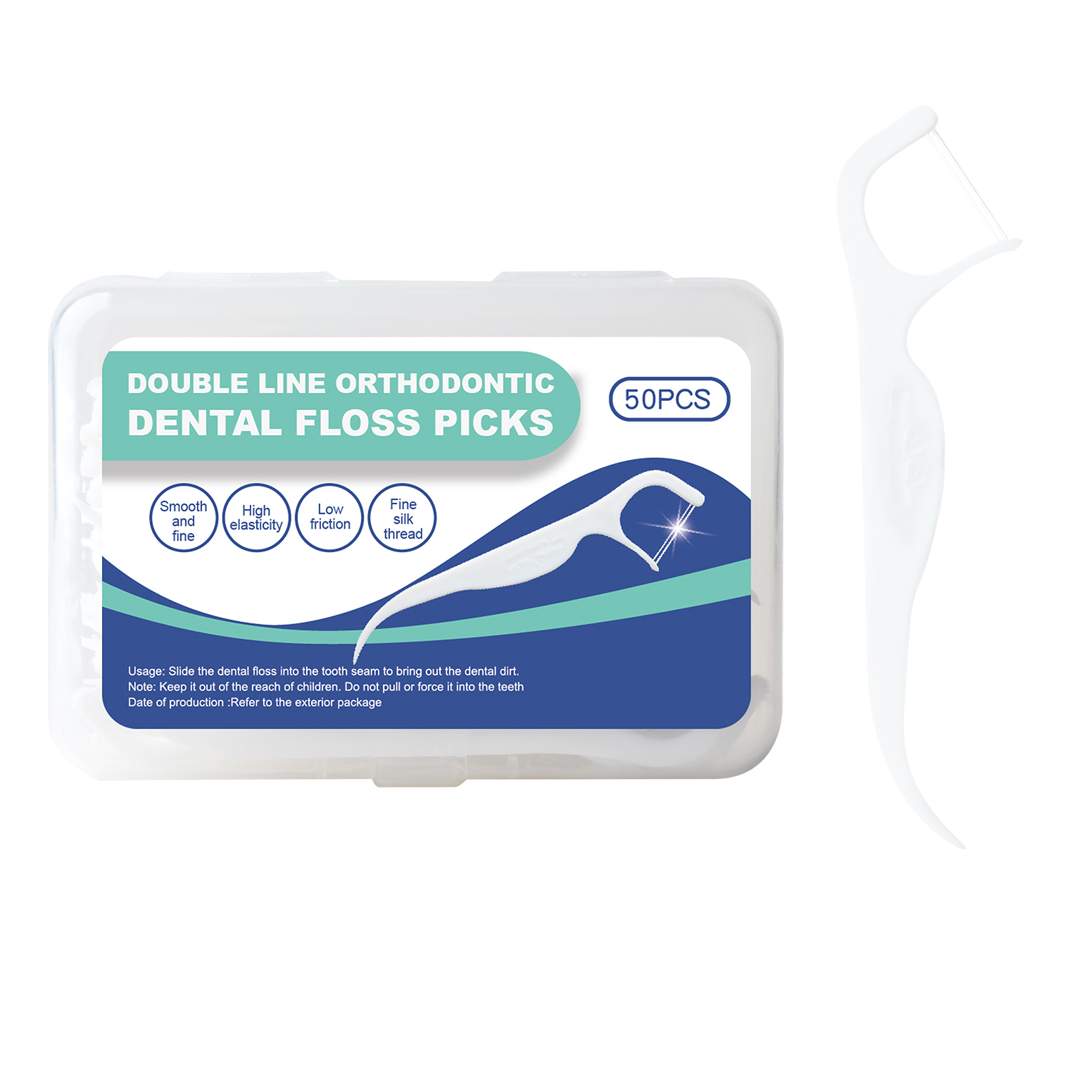 Double-Line Dental Floss Picks 50pcs/Box – Ready Stock | Low MOQ Custom Logo & Packaging
