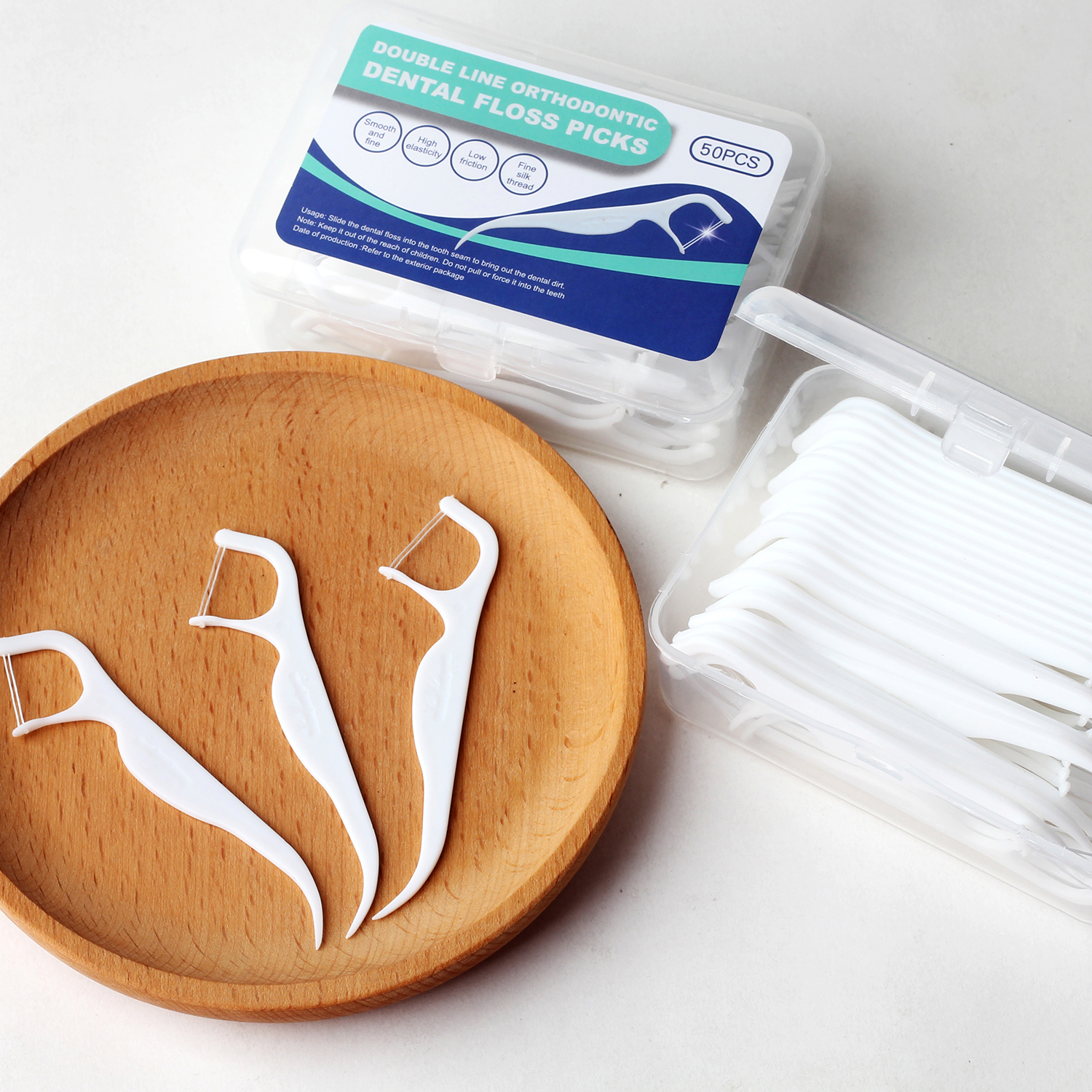 Double-Line Dental Floss Picks 50pcs/Box – Ready Stock | Low MOQ Custom Logo & Packaging