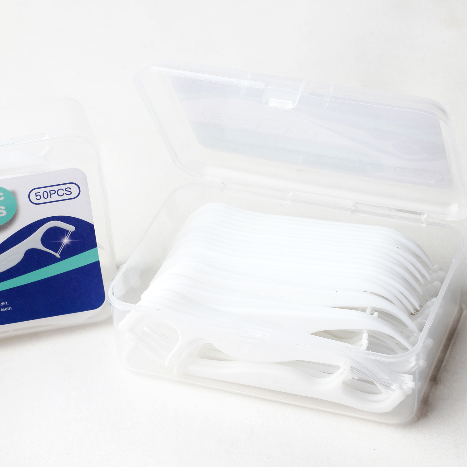Double-Line Dental Floss Picks 50pcs/Box – Ready Stock | Low MOQ Custom Logo & Packaging