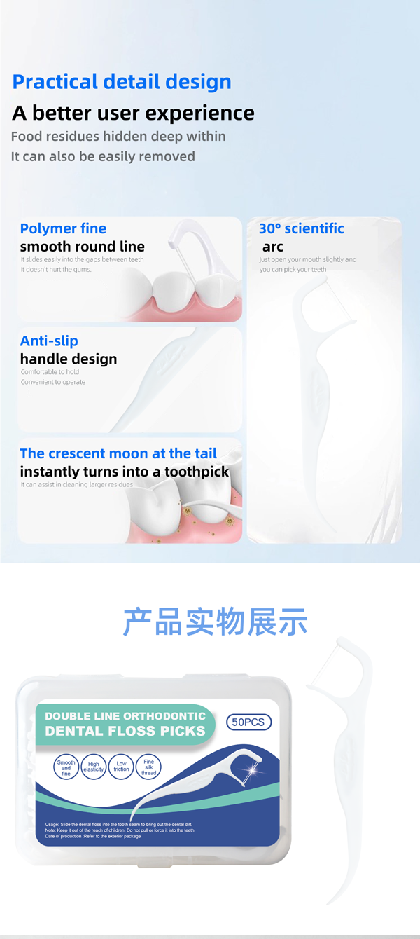 Double-Line Dental Floss Picks 50pcs/Box – Ready Stock | Low MOQ Custom Logo & Packaging