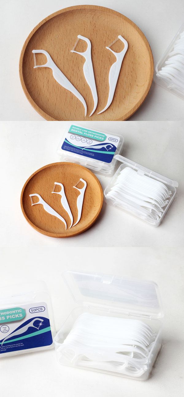 Double-Line Dental Floss Picks 50pcs/Box – Ready Stock | Low MOQ Custom Logo & Packaging