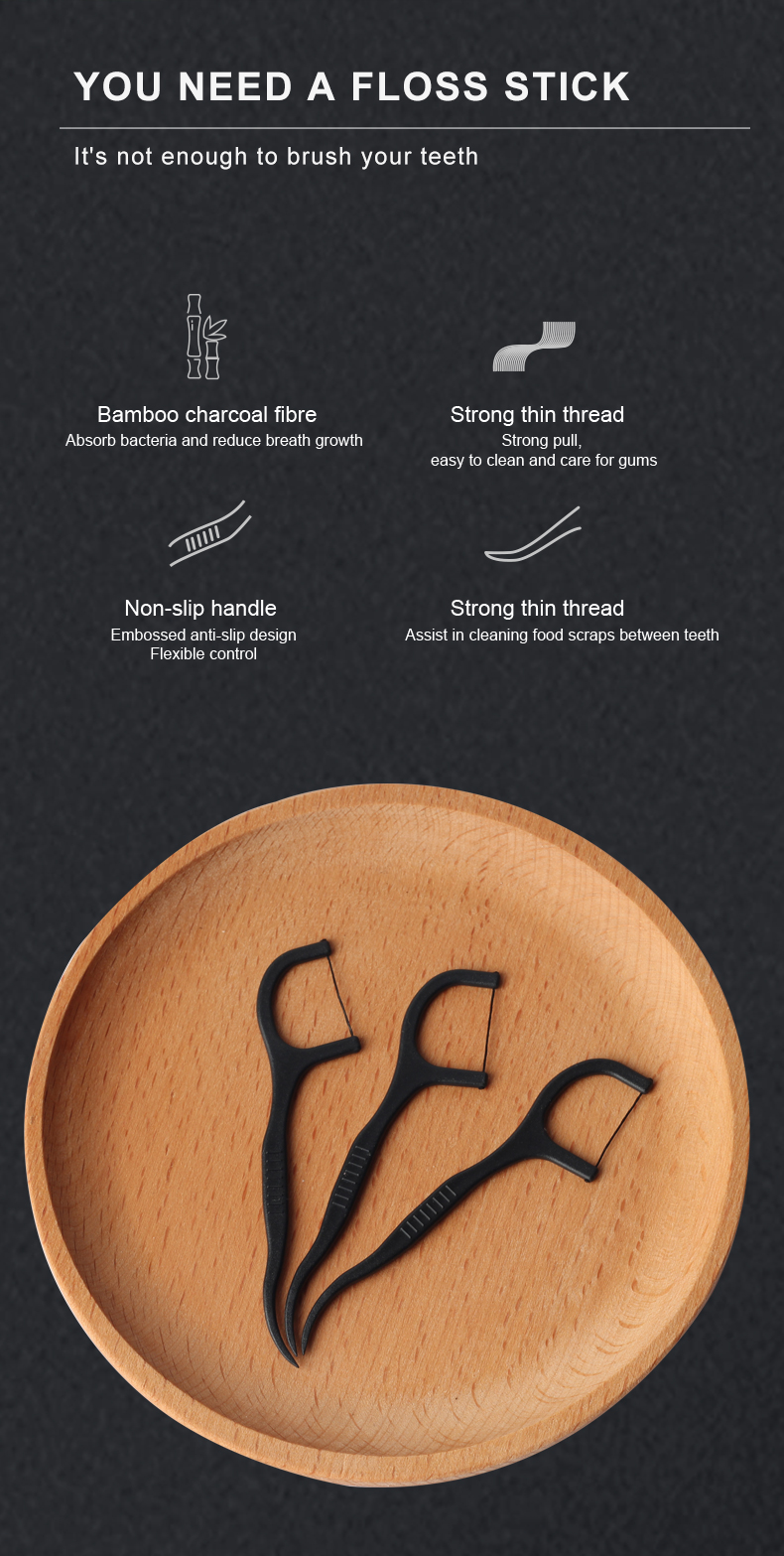 **Bamboo Charcoal Dental Floss Picks 50pcs/Box – Ready Stock | Low MOQ Custom Logo & Packaging**