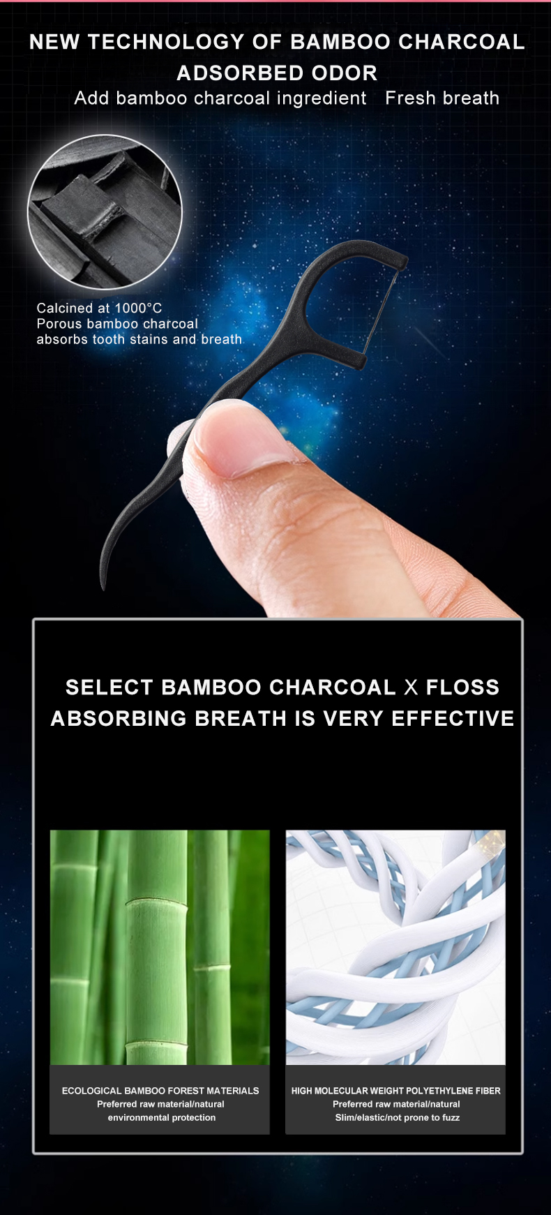 **Bamboo Charcoal Dental Floss Picks 50pcs/Box – Ready Stock | Low MOQ Custom Logo & Packaging**