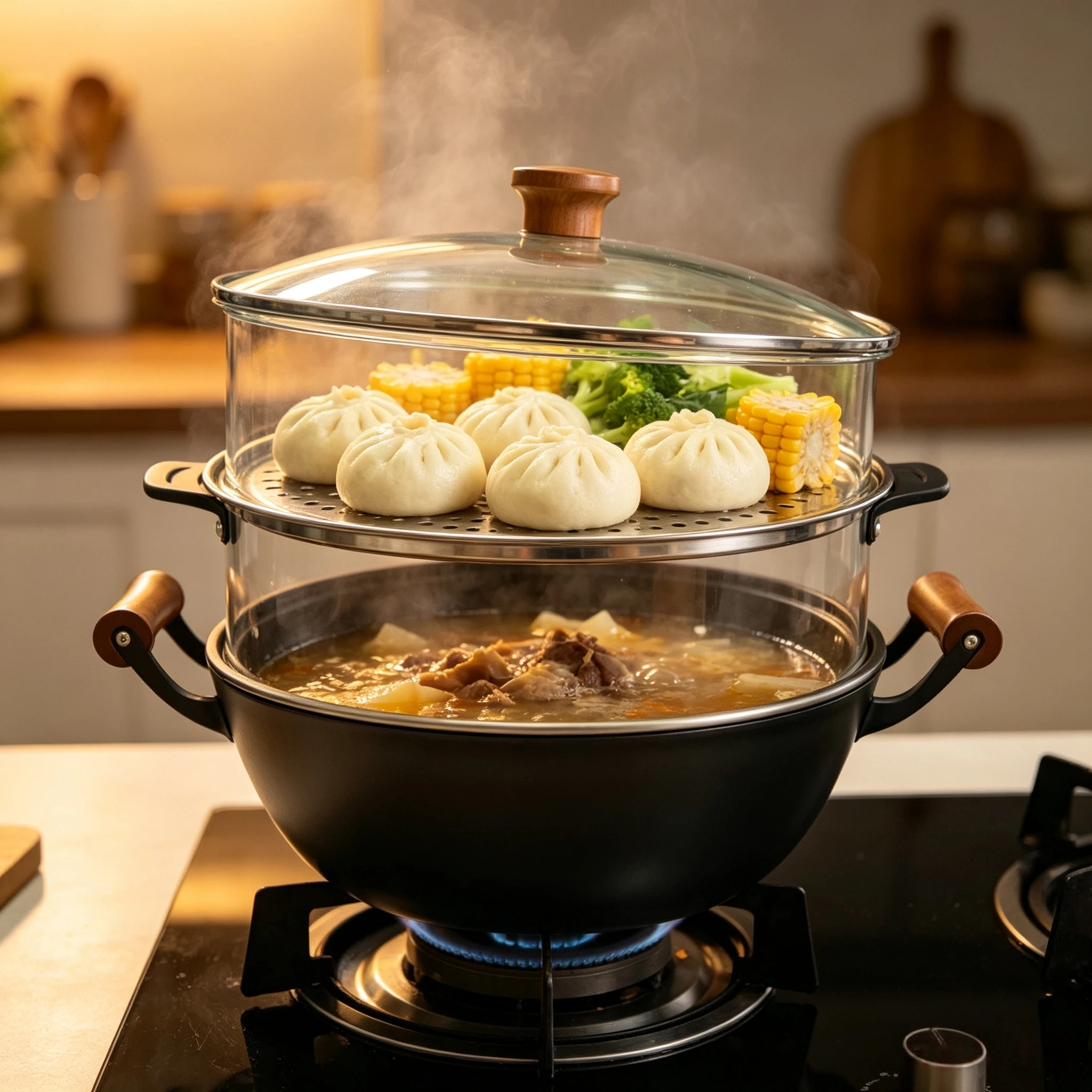 Multi-functional Stew Pot with Amber Glass Lid & Steamer Insert, Gift Box, 3 Sizes