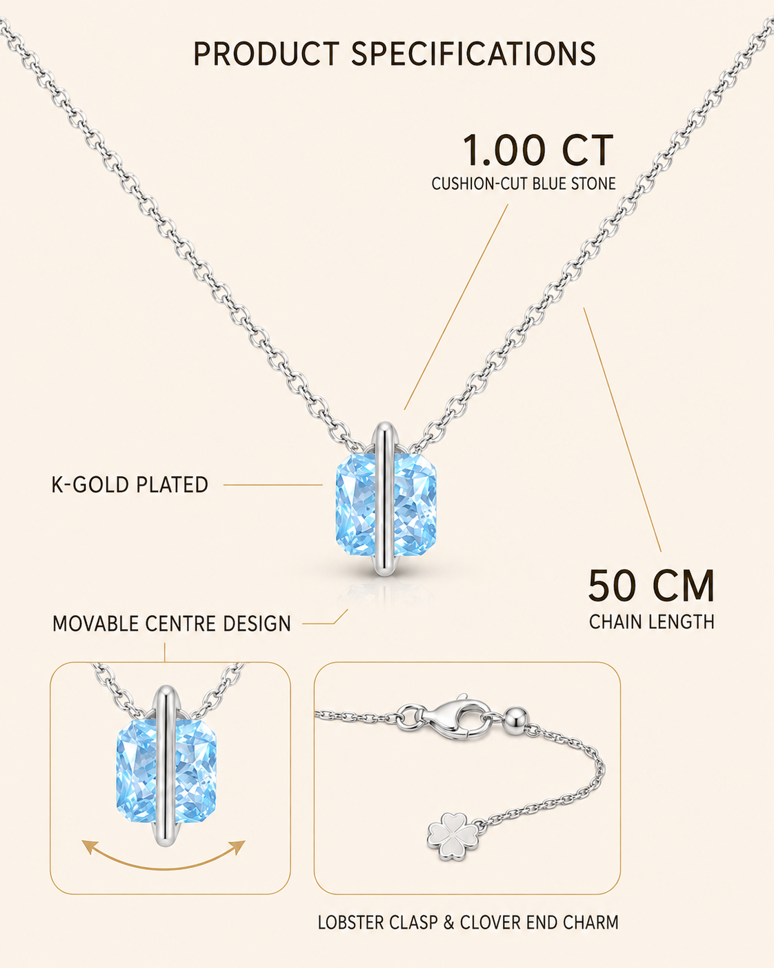 Mira 1ct Aqua-Blue Cushion-Cut Movable Pendant Necklace – K-Gold Plated