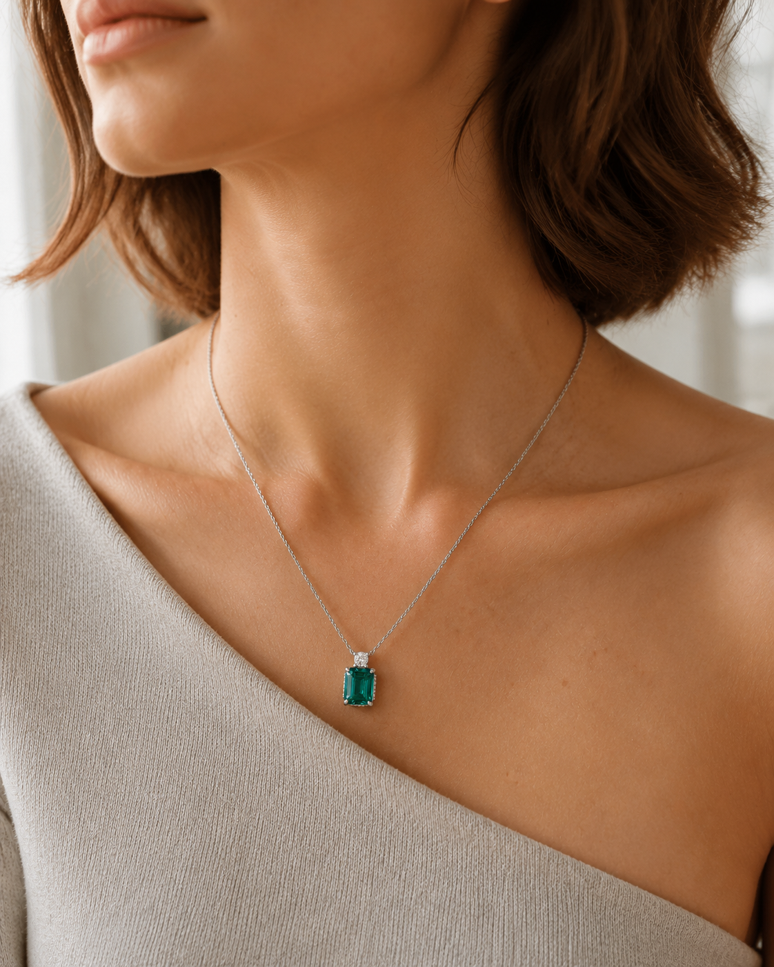 Elara 2ct Emerald-Cut Green Stone Pendant Necklace – White Gold Plated