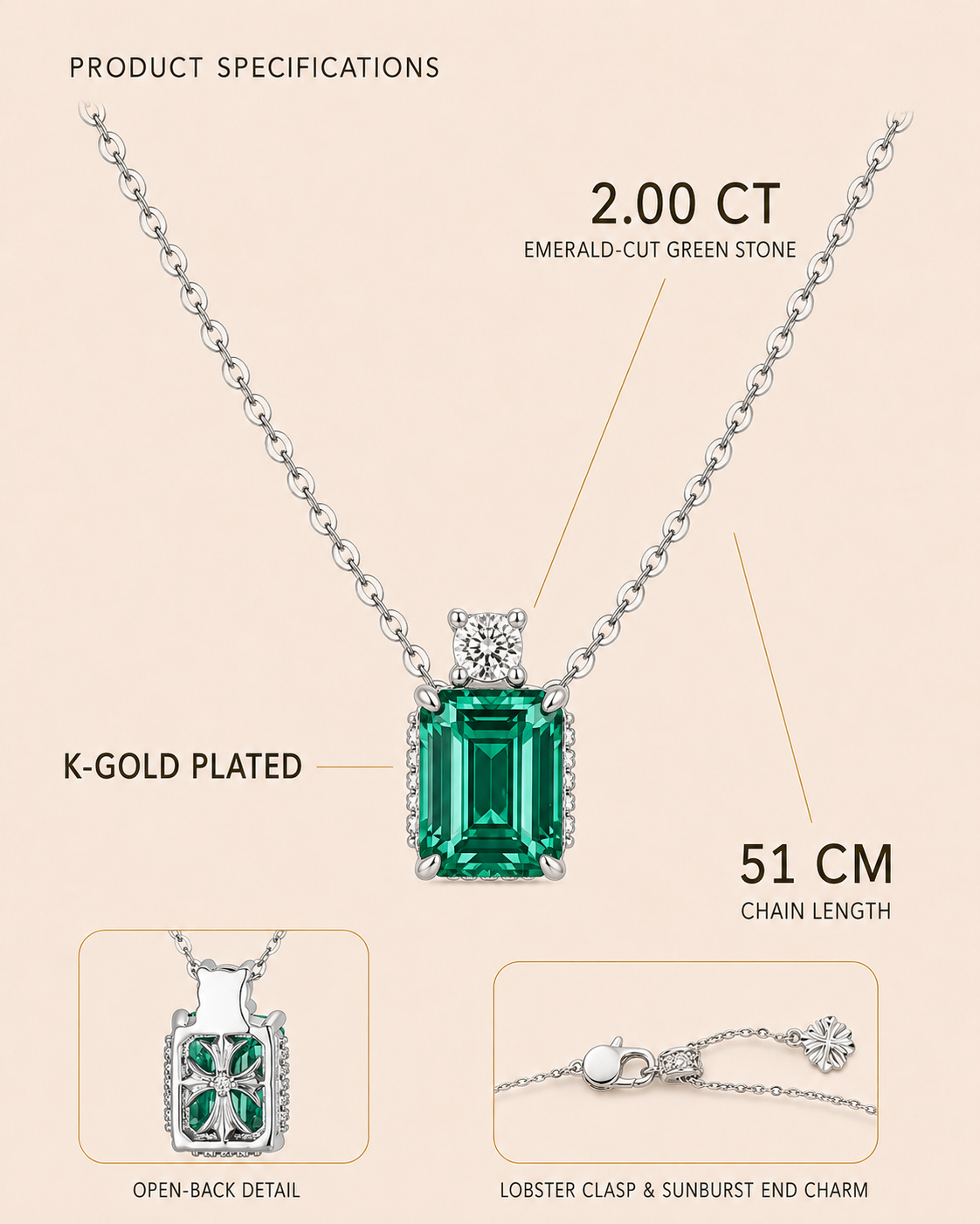 Elara 2ct Emerald-Cut Green Stone Pendant Necklace – White Gold Plated
