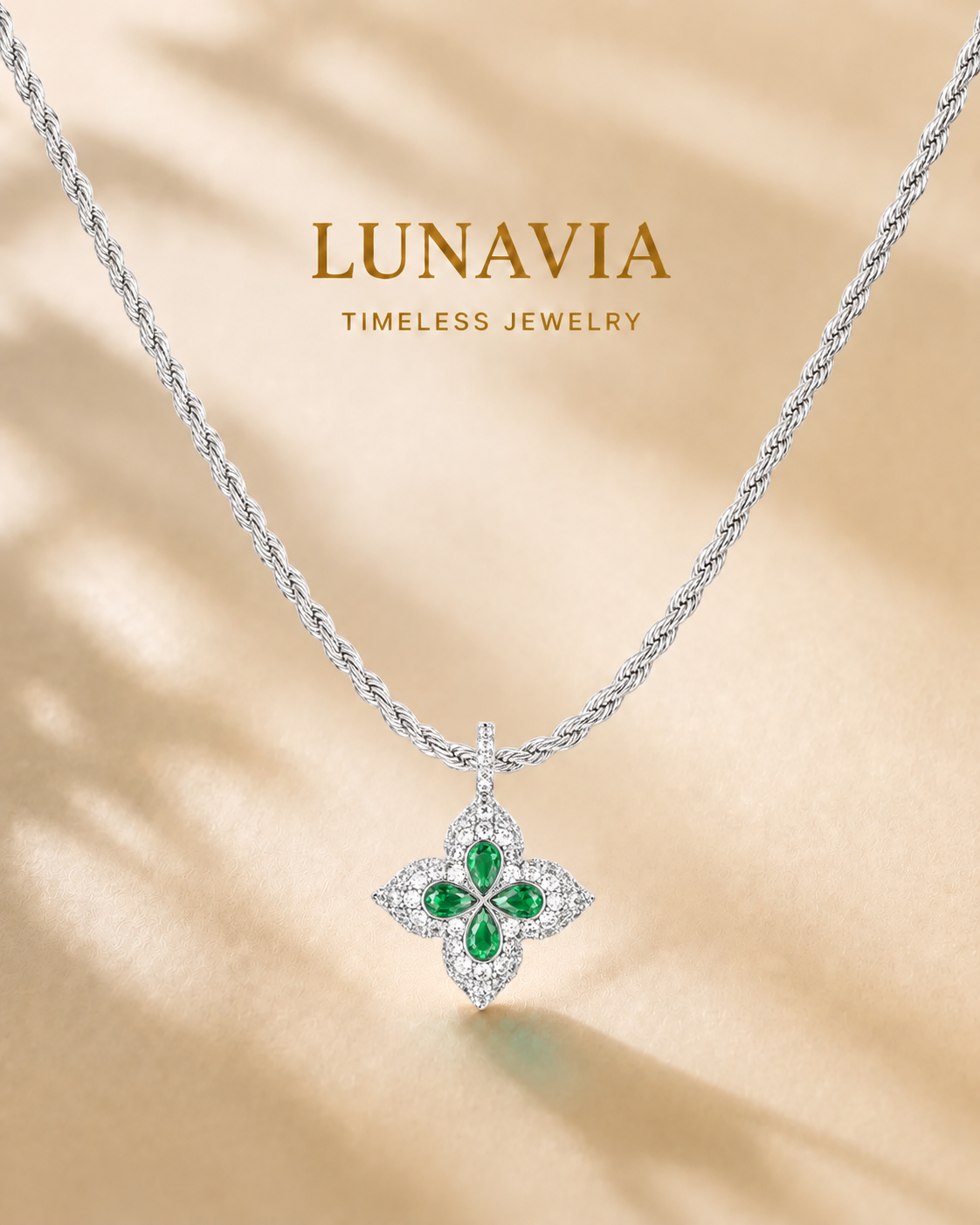 Elowen Green Teardrop Floral Pendant Necklace – White Gold Plated