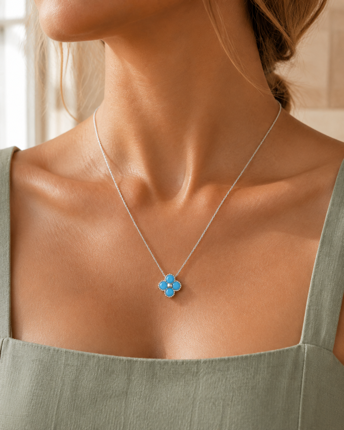 Liora Turquoise Clover Necklace – 925 Sterling Silver