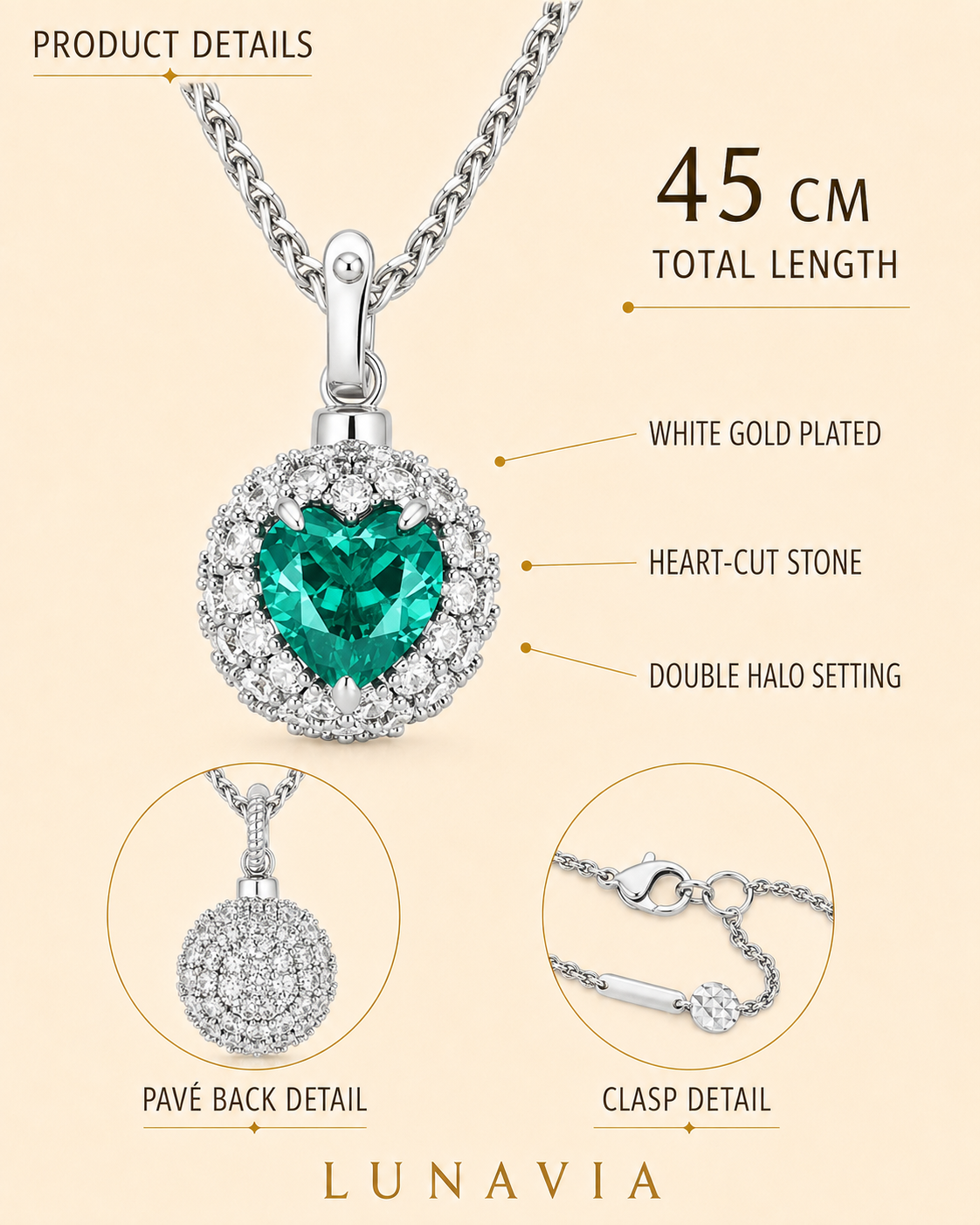Seraphina Green Heart Halo Pendant Necklace – White Gold Plated