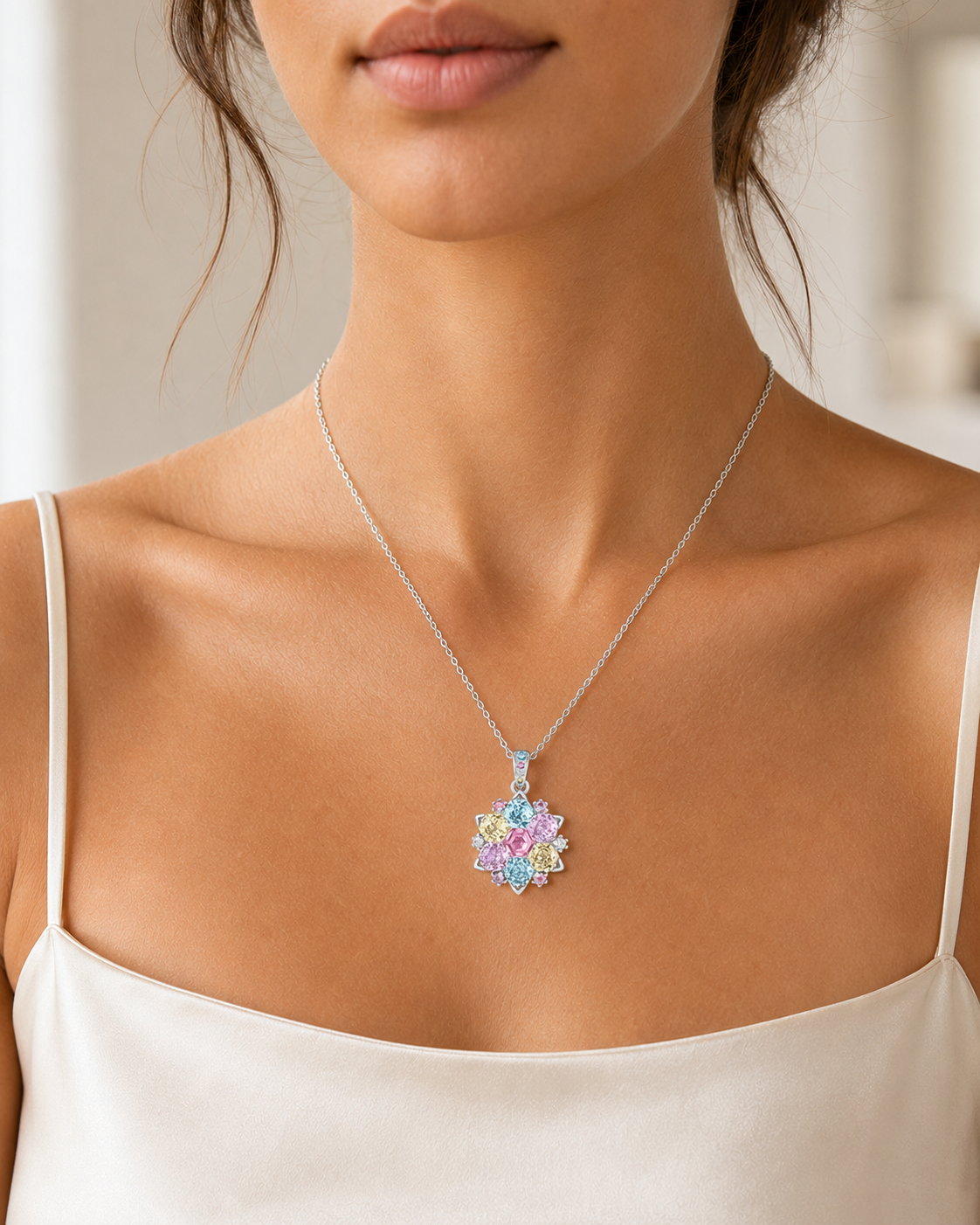 Celestia Multicolour Floral Pendant Necklace – White Gold Plated