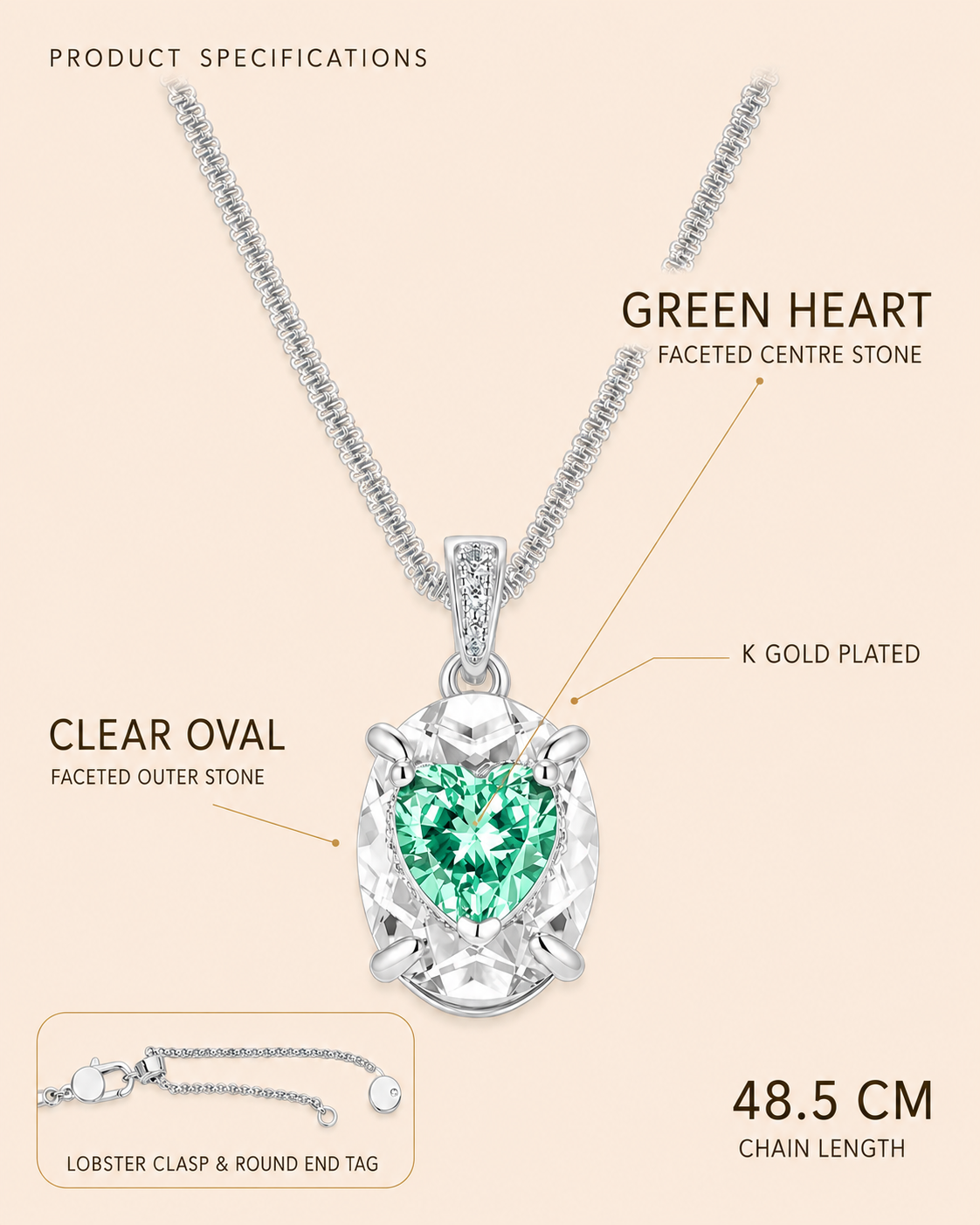 Seren Green Heart Pendant Necklace – K Gold Plated
