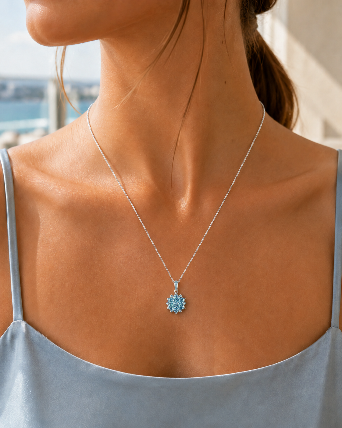 Eira Aqua-Blue Snowflake Pendant Necklace – 925 Sterling Silver