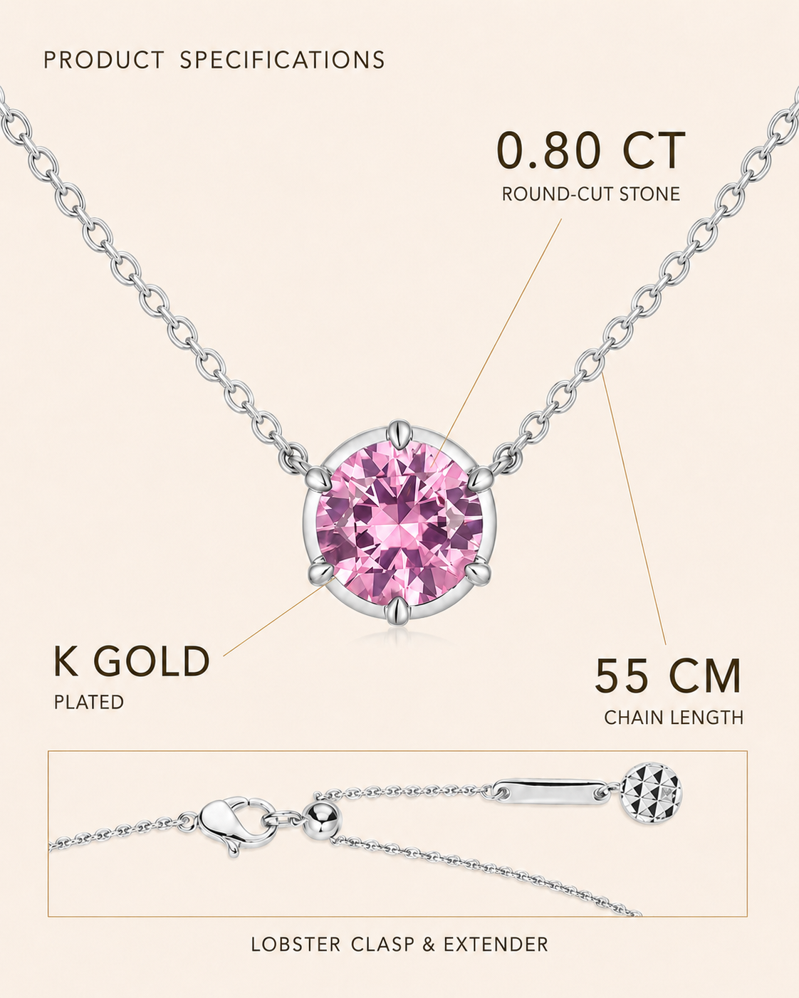 Elara 0.80ct Pink Round-Cut Pendant Necklace