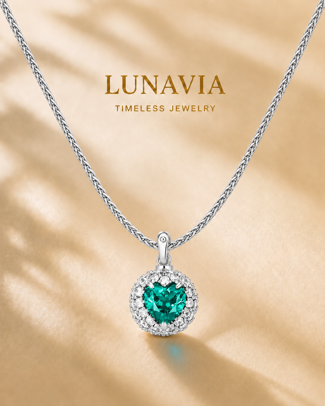 Seraphina Green Heart Halo Pendant Necklace – White Gold Plated