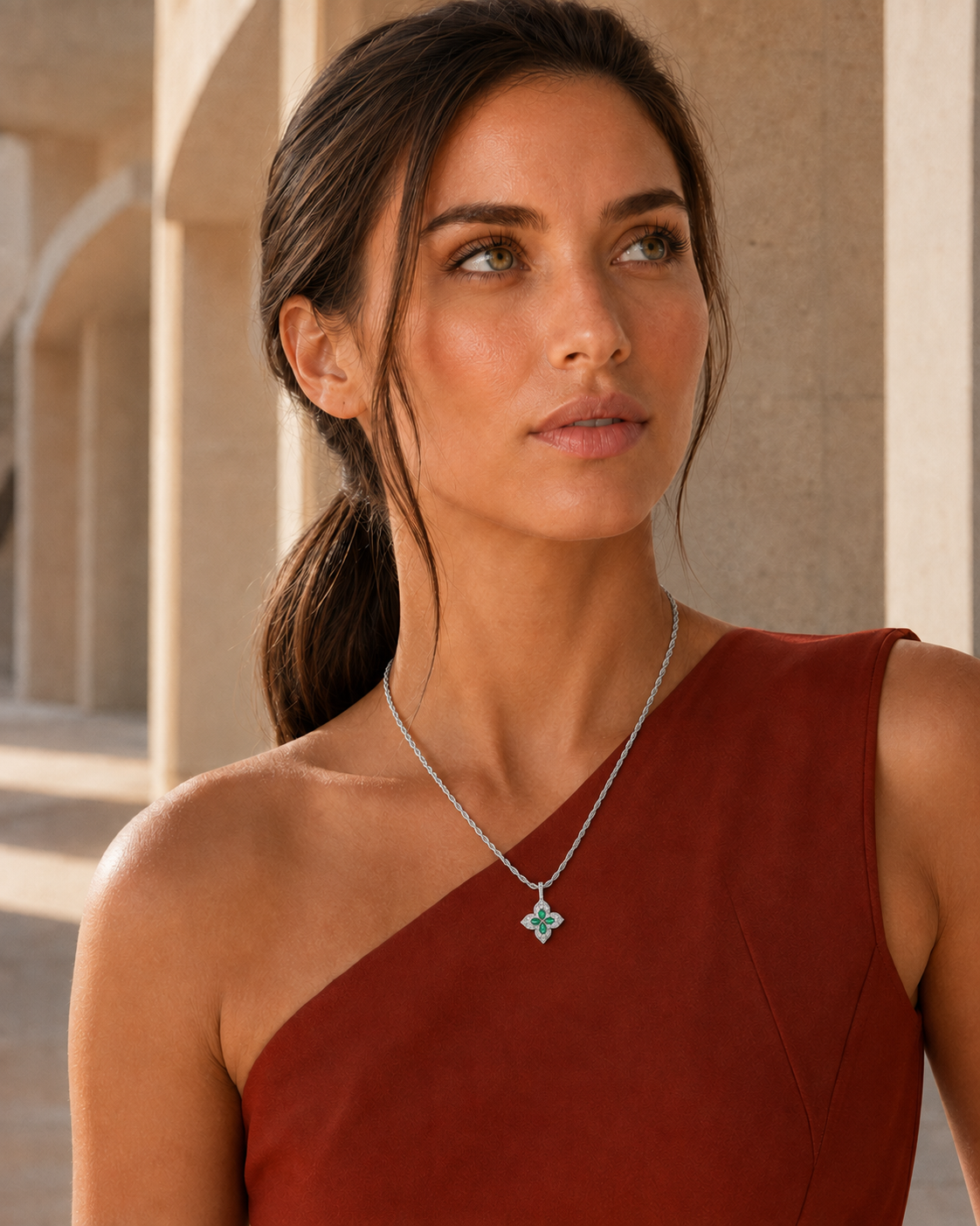 Elowen Green Teardrop Floral Pendant Necklace – White Gold Plated