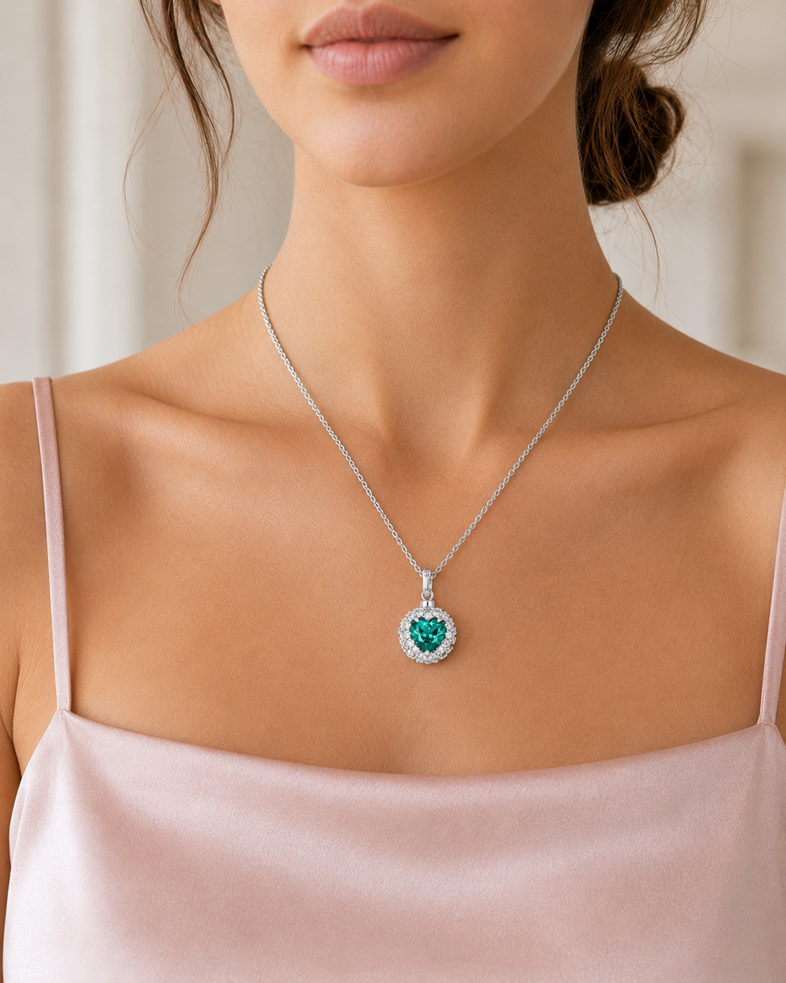 Seraphina Green Heart Halo Pendant Necklace – White Gold Plated
