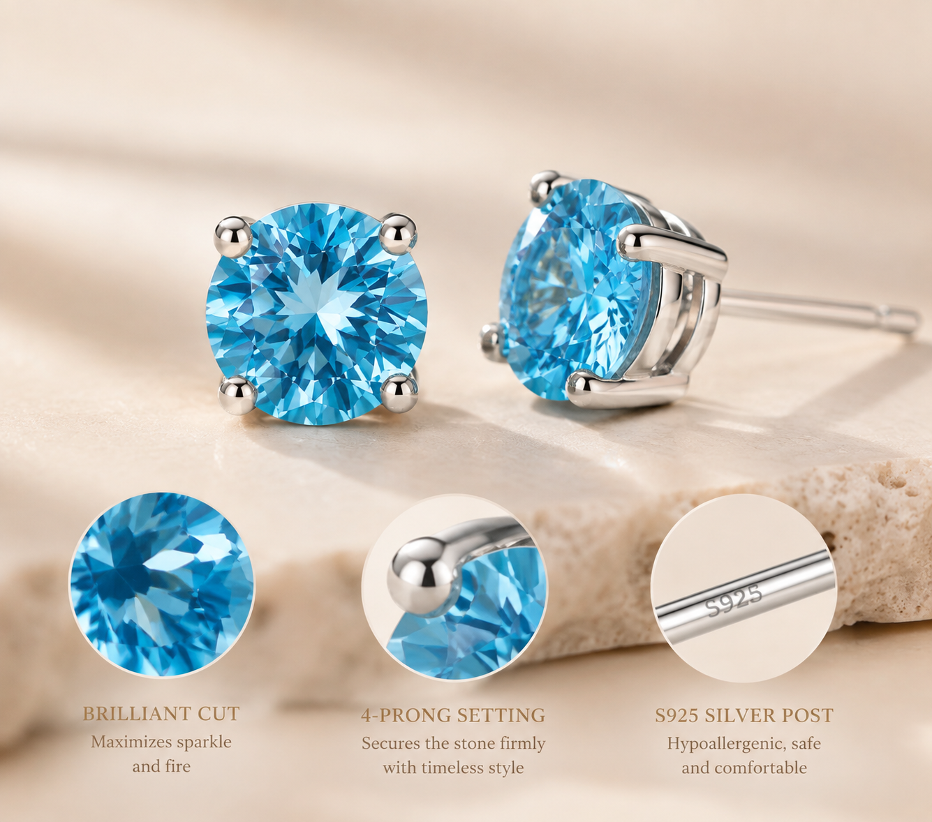 Azure Ocean Blue Gemstone Stud Earrings