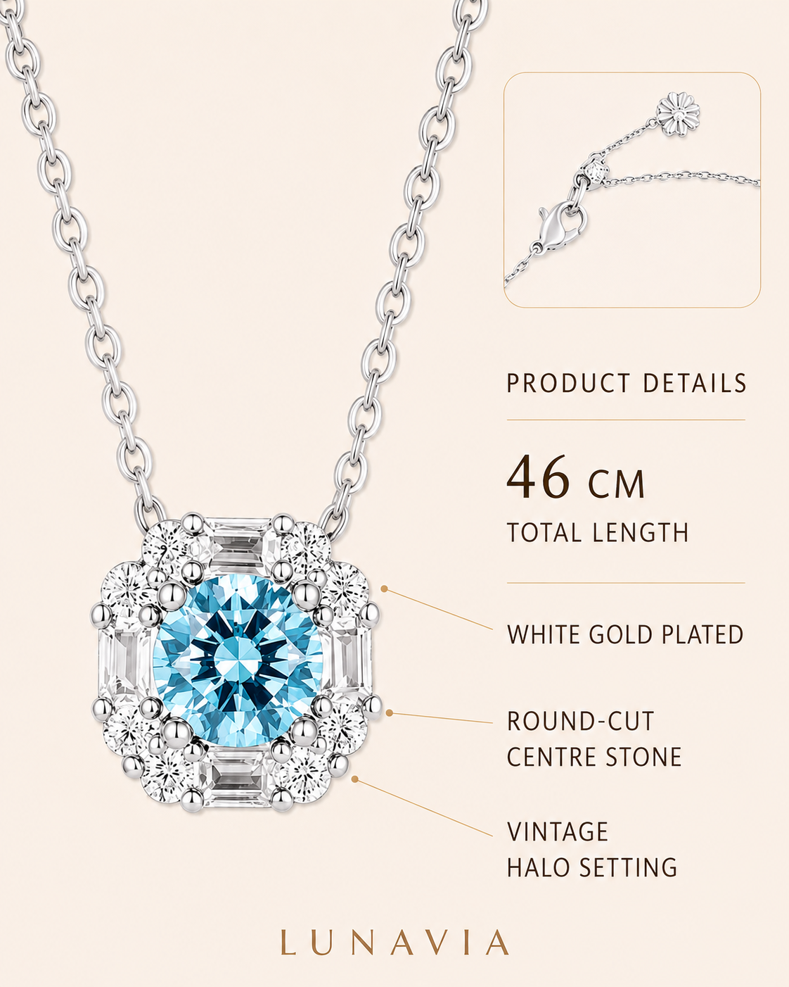 Aurelia Aqua Blue Vintage Halo Pendant Necklace – White Gold Plated