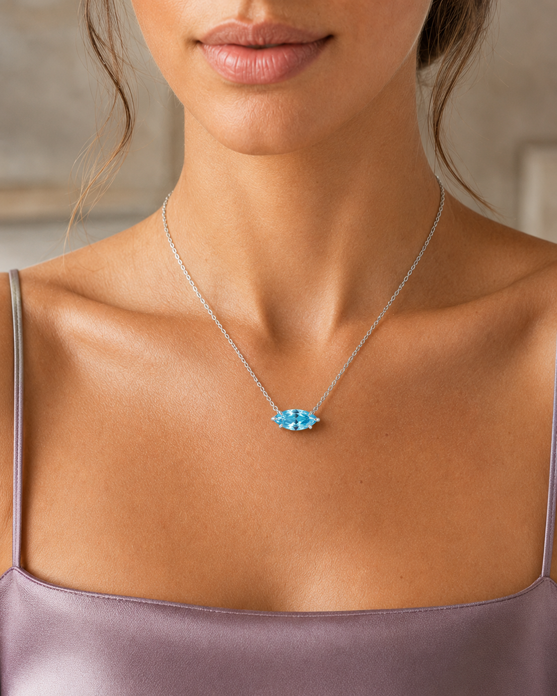 Marielle Aqua-Blue Marquise Pendant Necklace – White Gold Plated