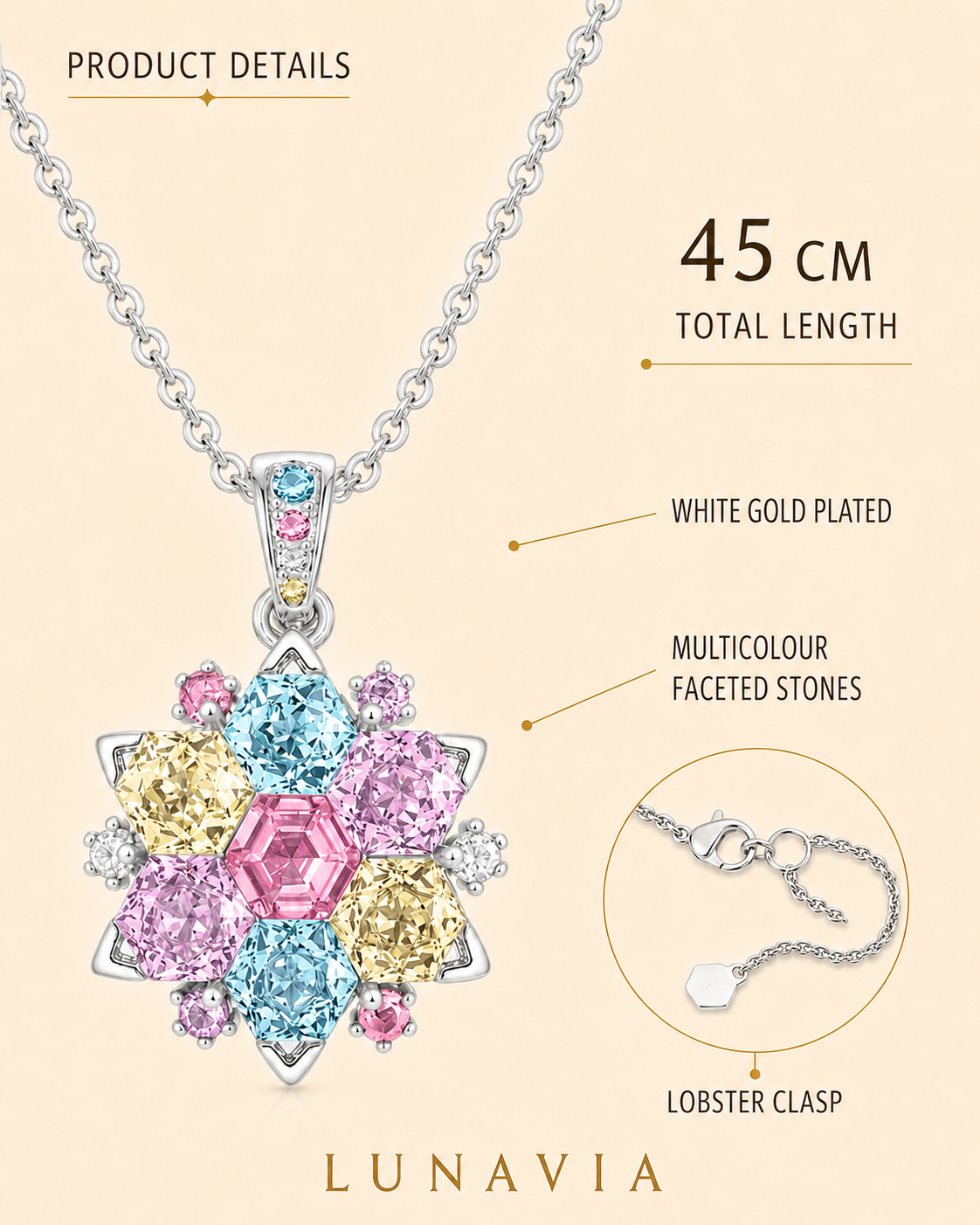 Celestia Multicolour Floral Pendant Necklace – White Gold Plated