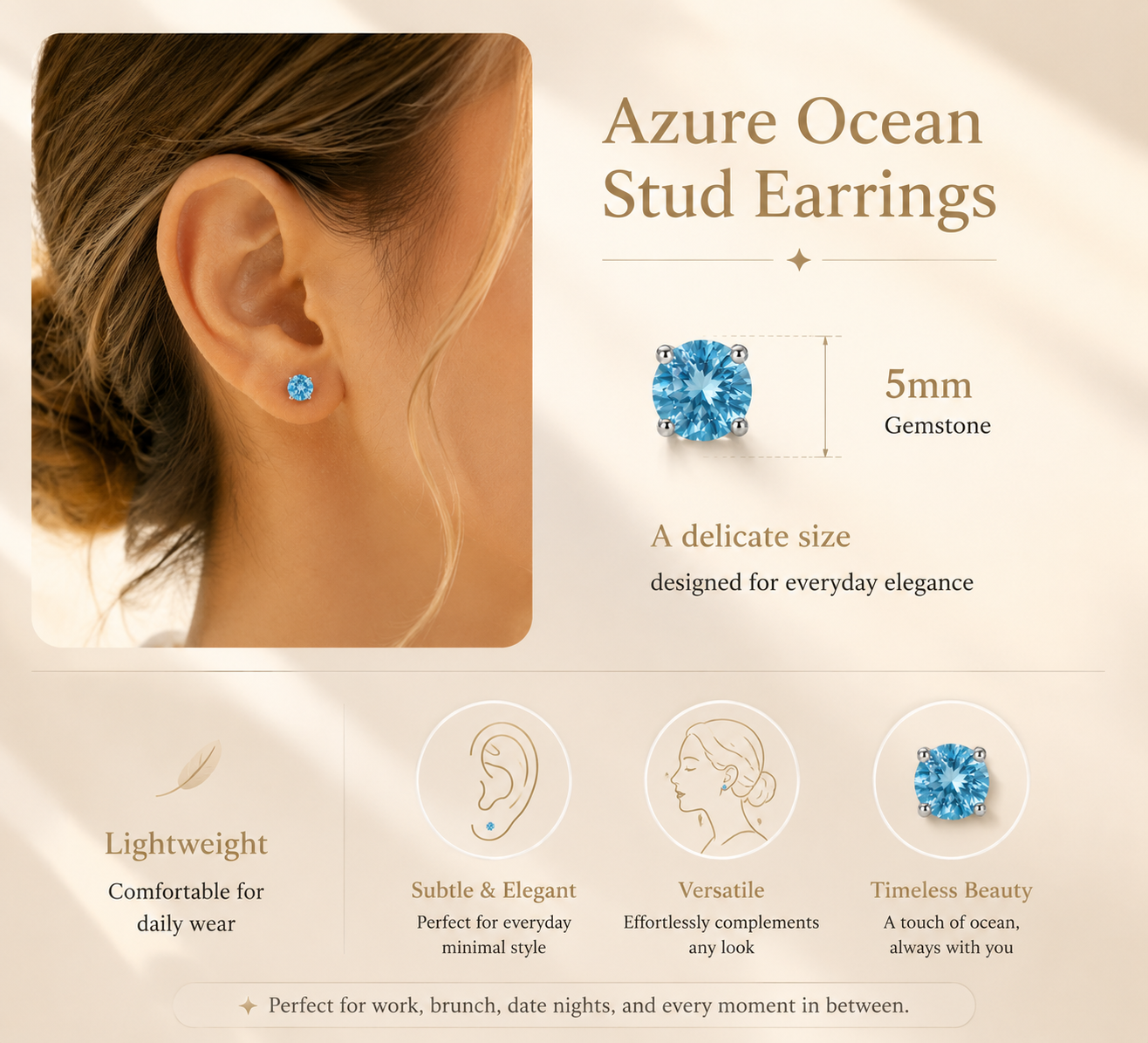 Azure Ocean Blue Gemstone Stud Earrings