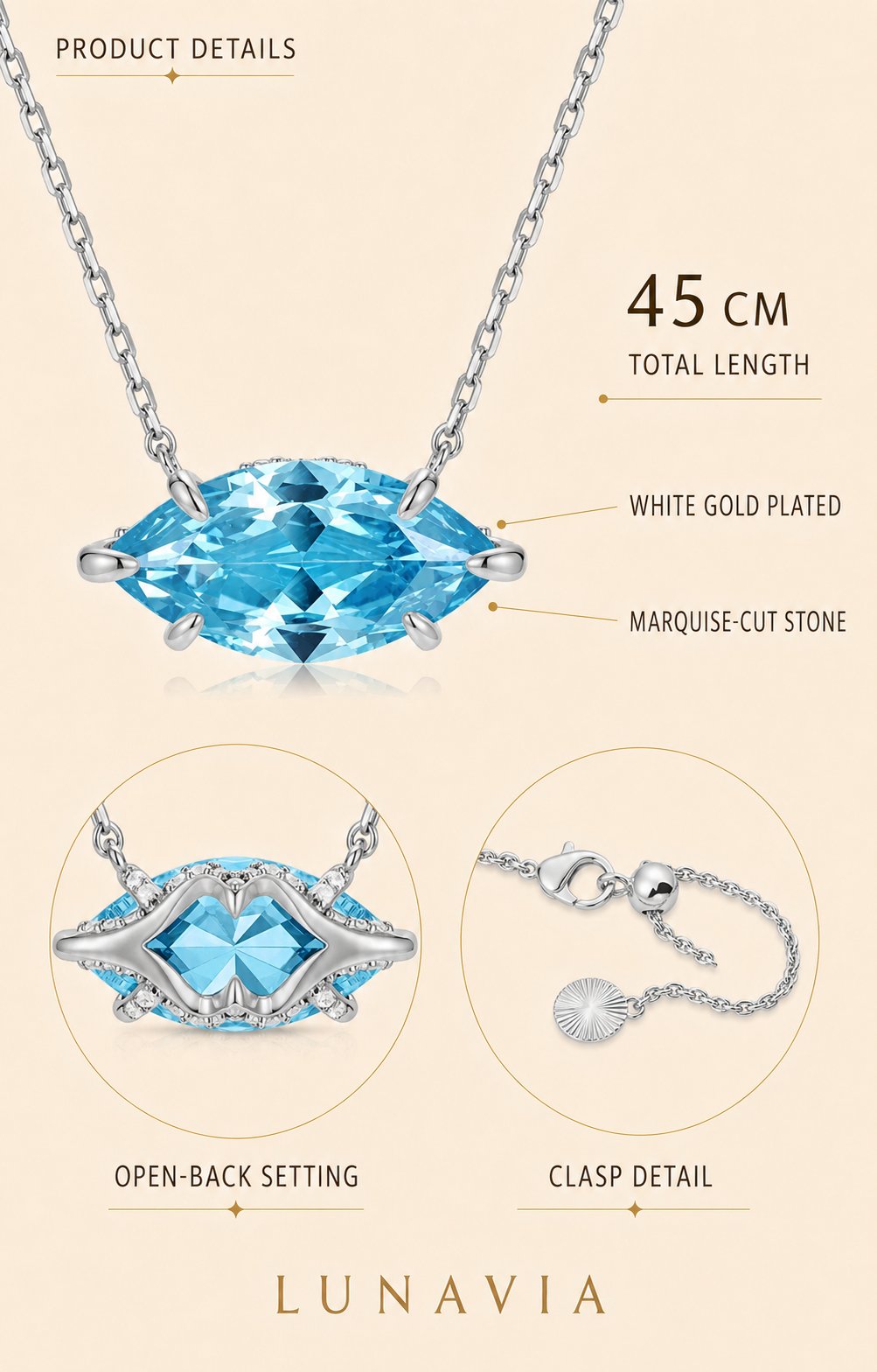 Marielle Aqua-Blue Marquise Pendant Necklace – White Gold Plated