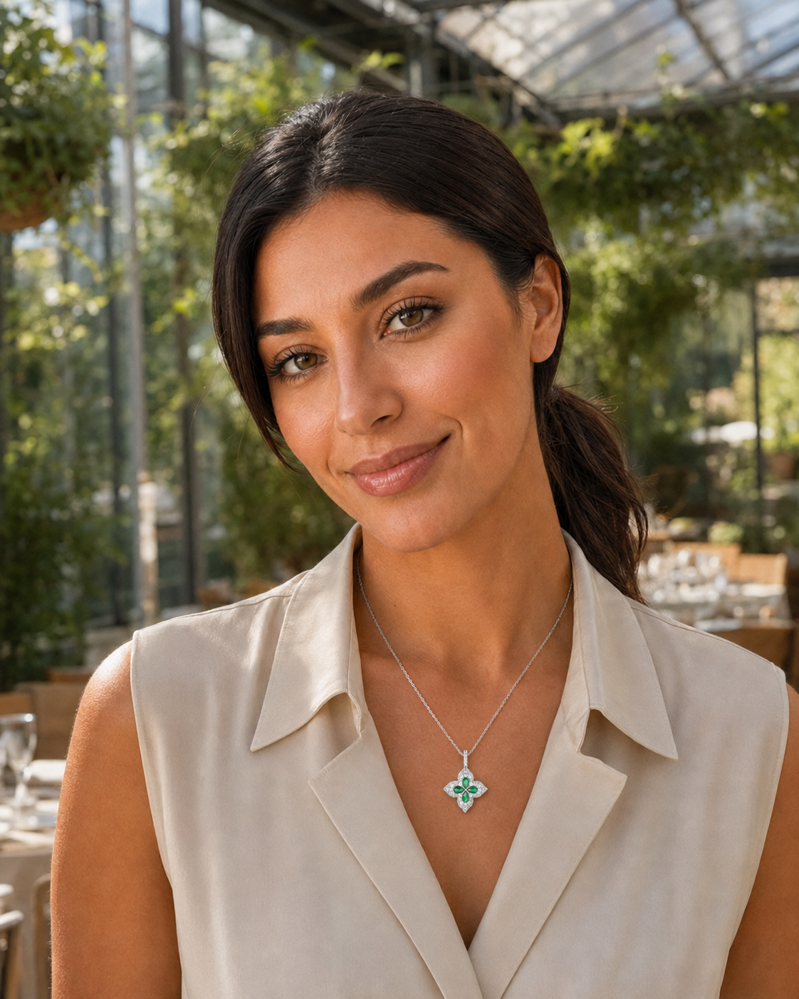 Elowen Green Teardrop Floral Pendant Necklace – White Gold Plated
