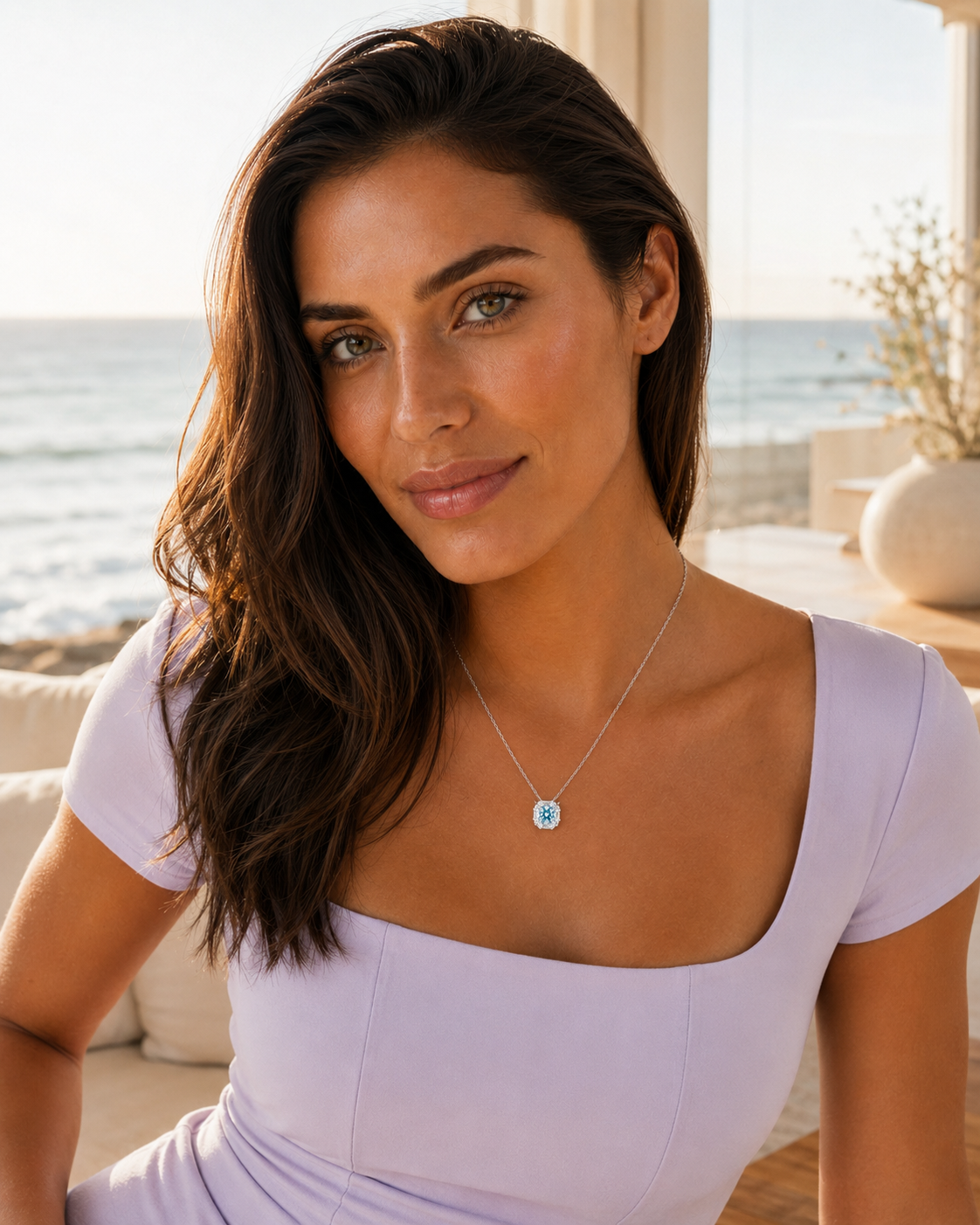 Aurelia Aqua Blue Vintage Halo Pendant Necklace – White Gold Plated