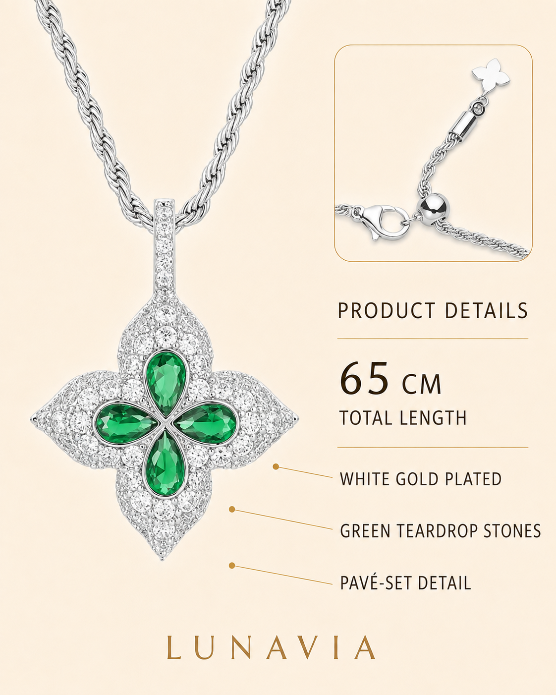 Elowen Green Teardrop Floral Pendant Necklace – White Gold Plated