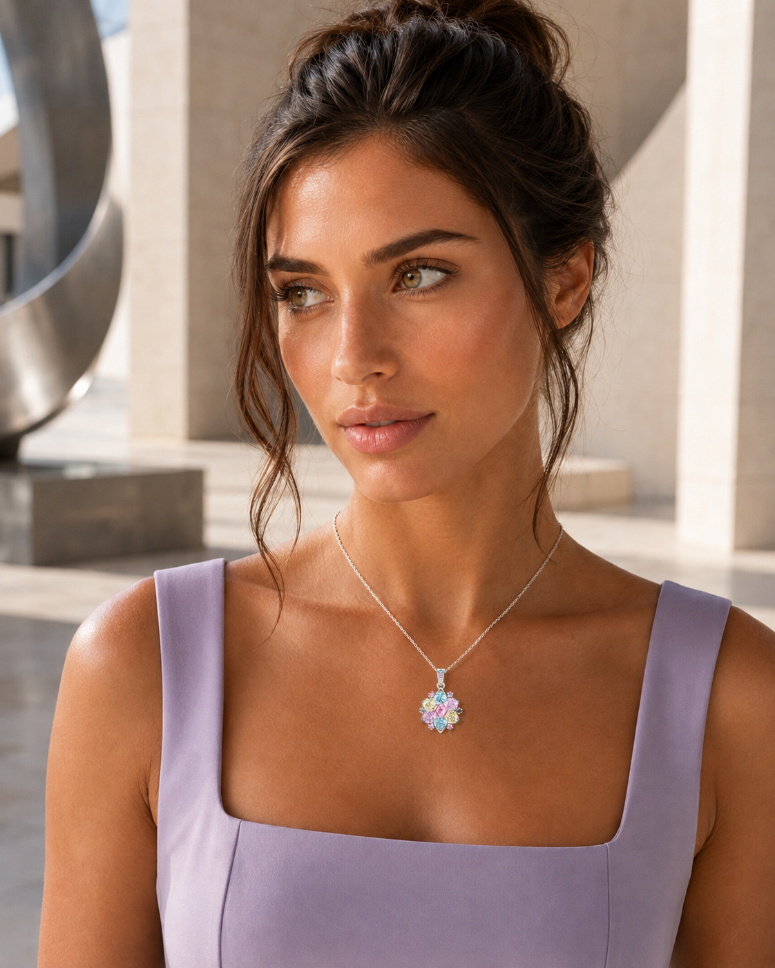 Celestia Multicolour Floral Pendant Necklace – White Gold Plated