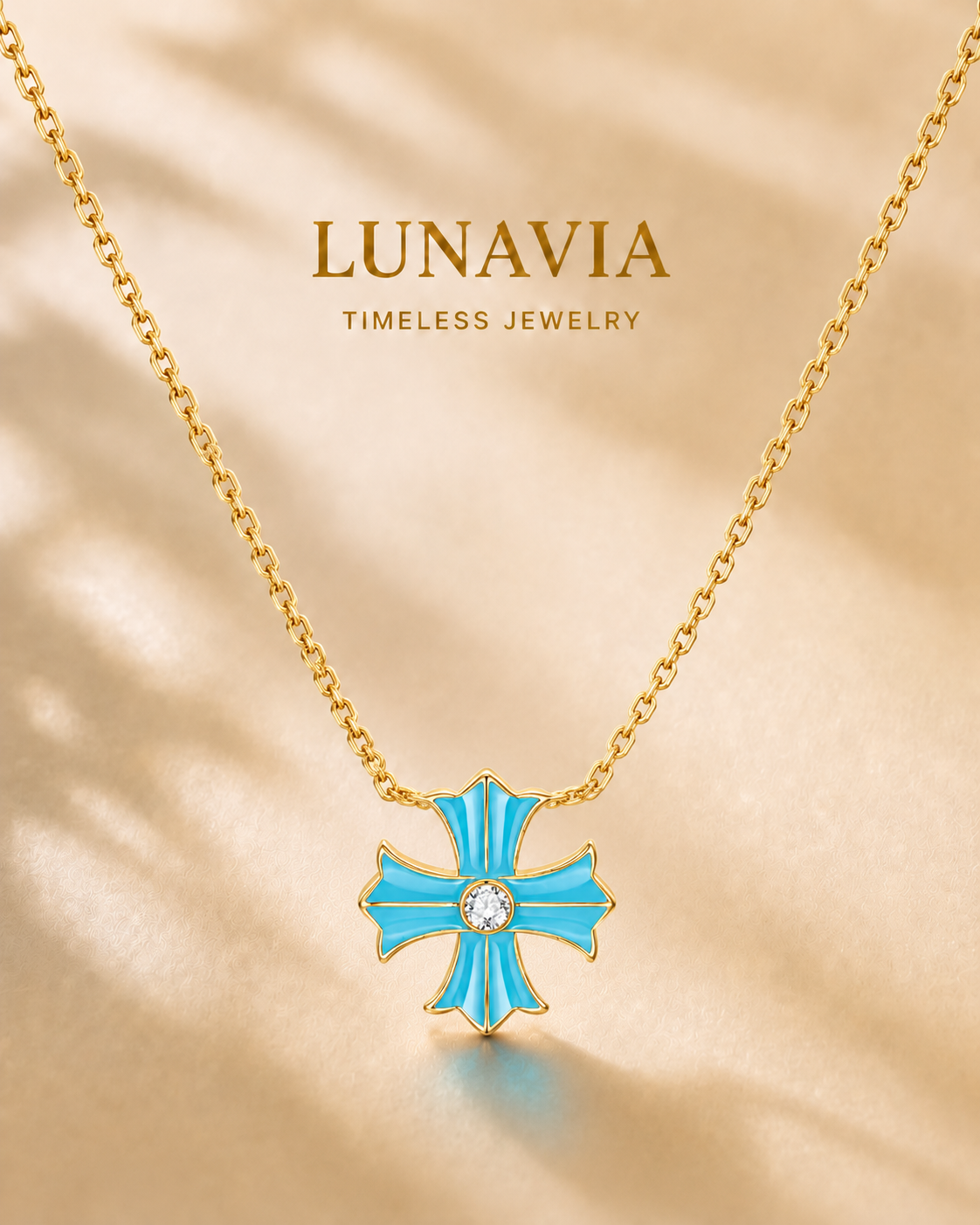 Celestia Aqua-Blue Cross Pendant Necklace – Gold Plated