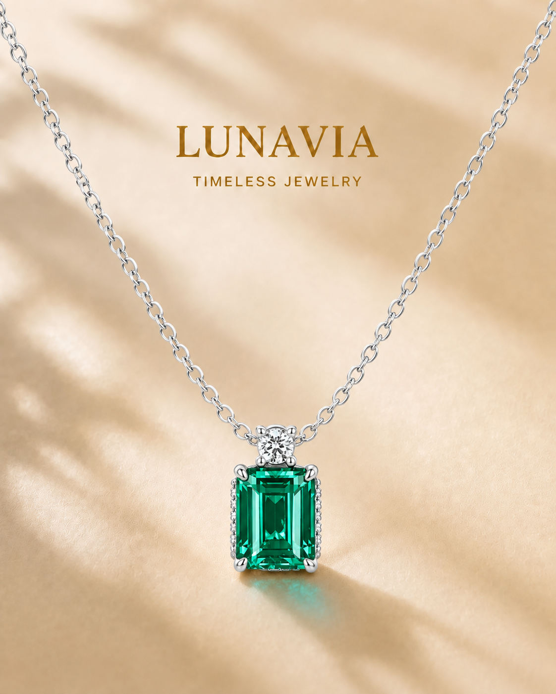 Elara 2ct Emerald-Cut Green Stone Pendant Necklace – White Gold Plated