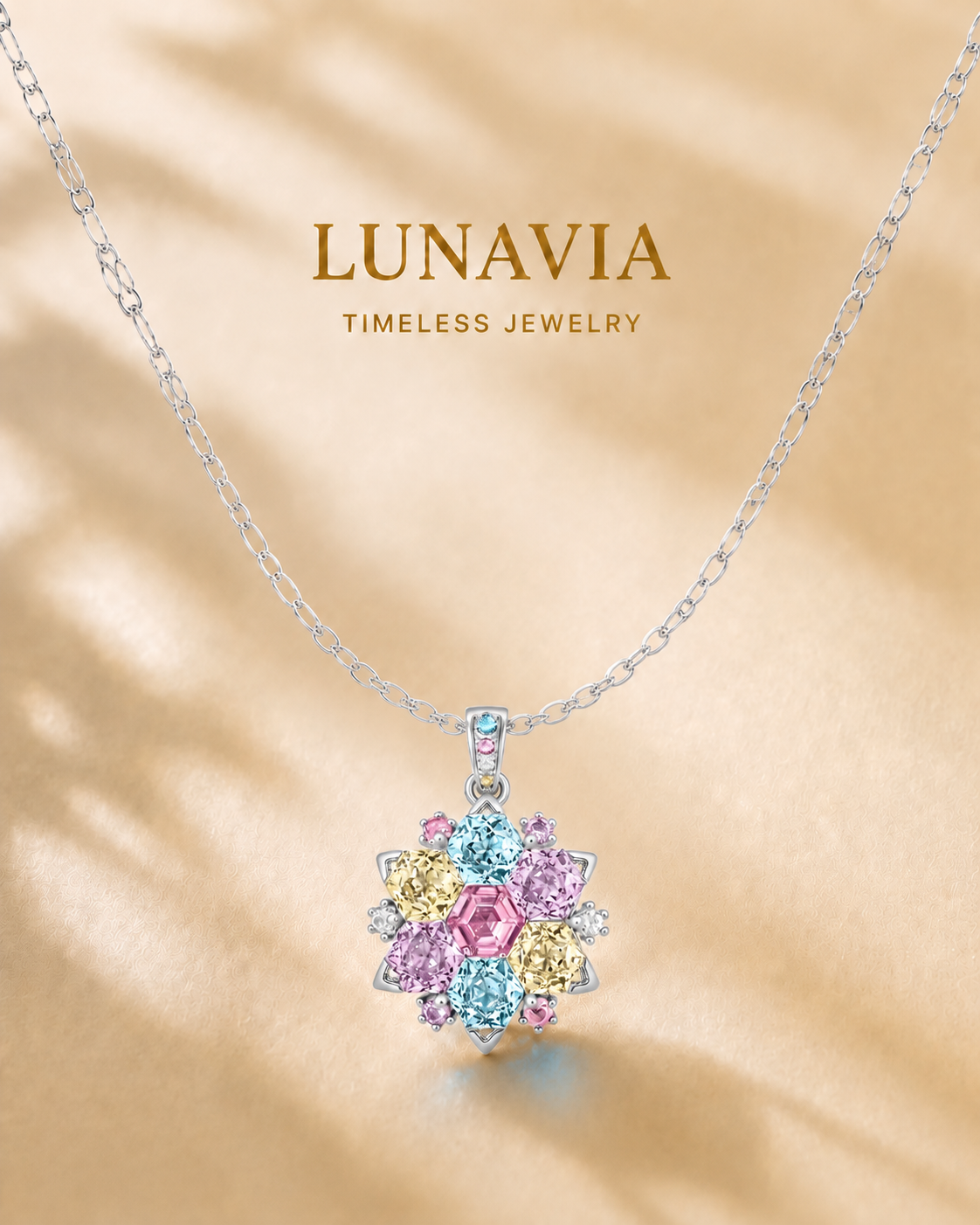 Celestia Multicolour Floral Pendant Necklace – White Gold Plated