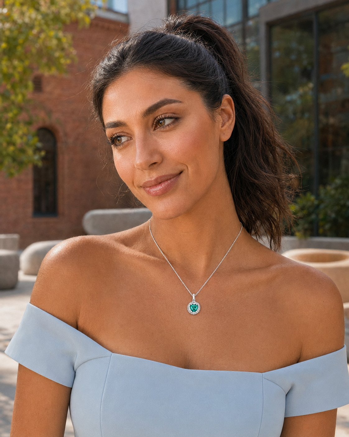 Seraphina Green Heart Halo Pendant Necklace – White Gold Plated