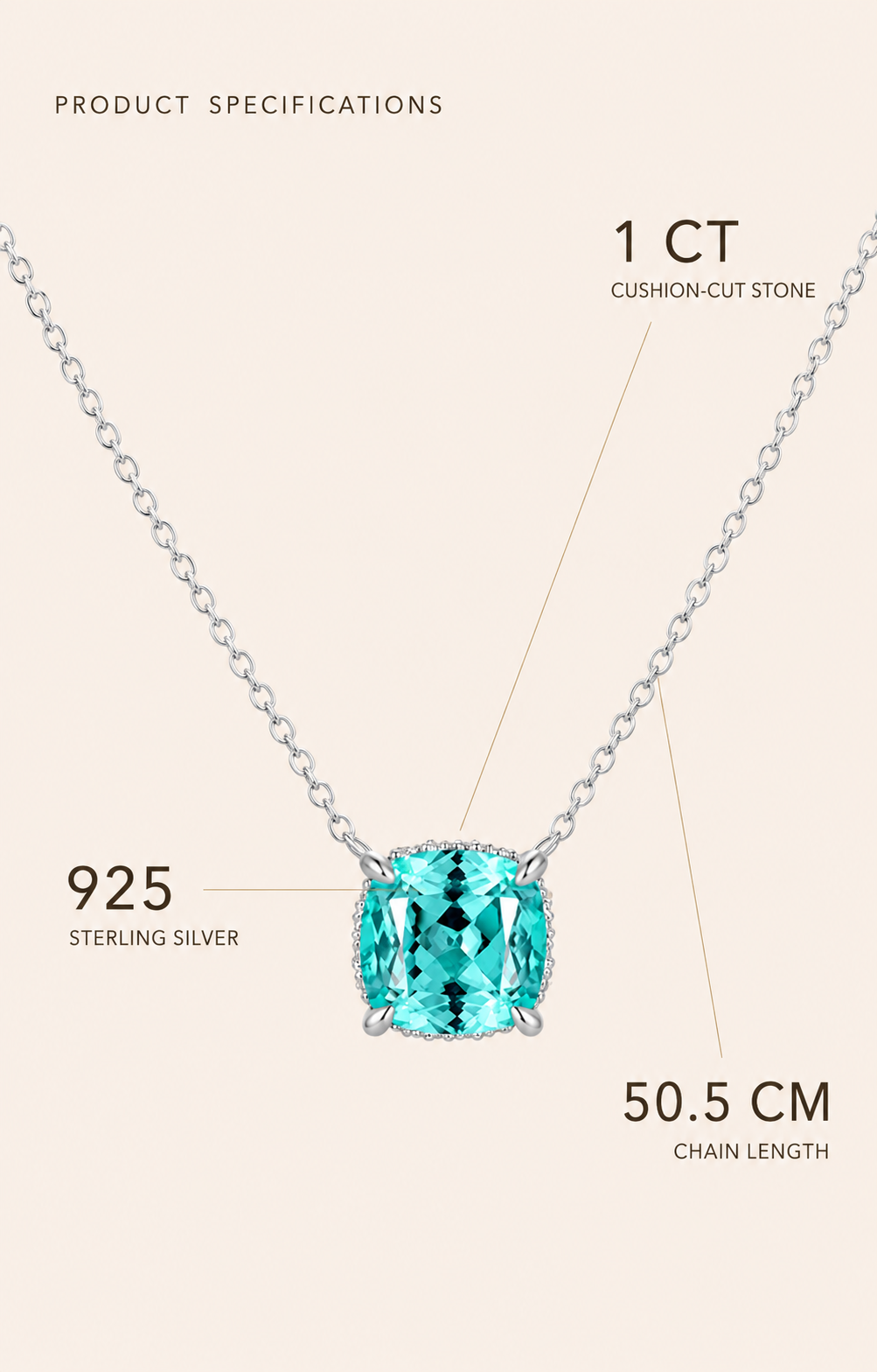 Maris Aqua-Blue Cushion-Cut Pendant Necklace – 925 Sterling Silver