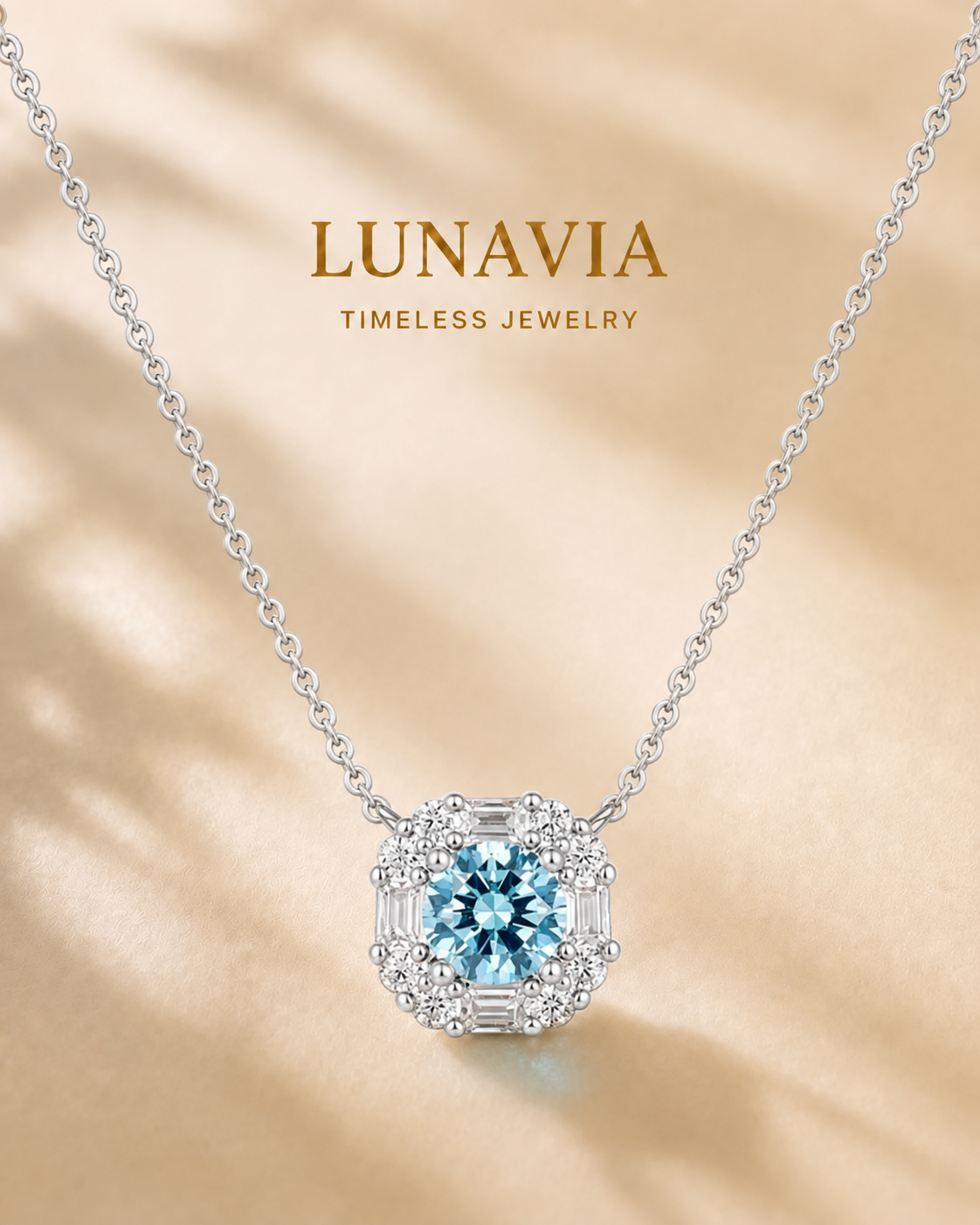 Aurelia Aqua Blue Vintage Halo Pendant Necklace – White Gold Plated