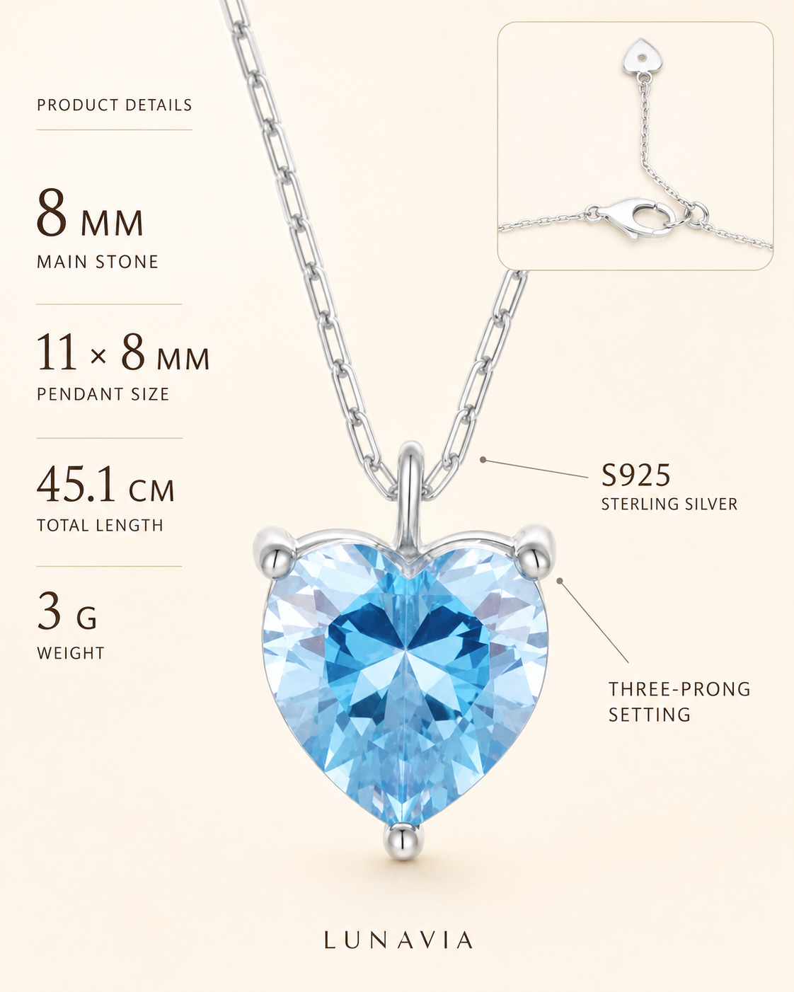 Serena 8mm Aqua-Blue Heart Necklace – 925 Sterling Silver