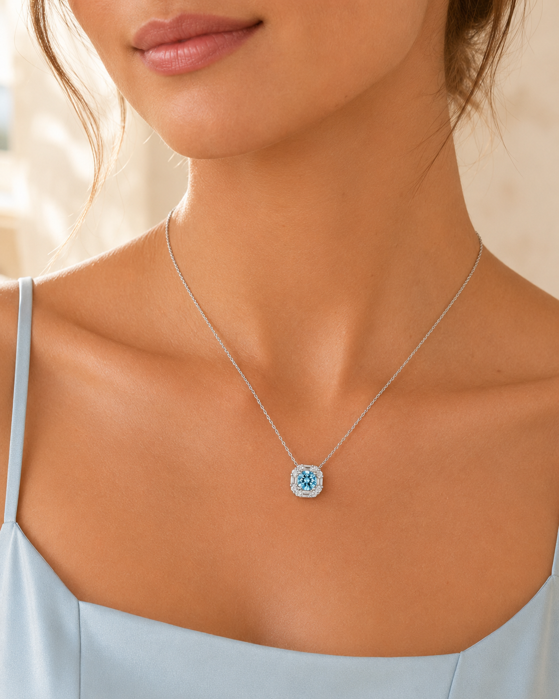 Aurelia Aqua Blue Vintage Halo Pendant Necklace – White Gold Plated