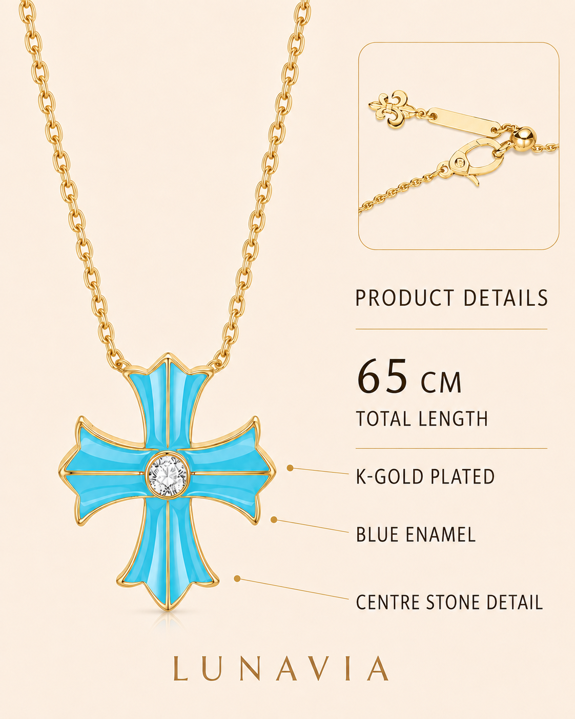 Celestia Aqua-Blue Cross Pendant Necklace – Gold Plated