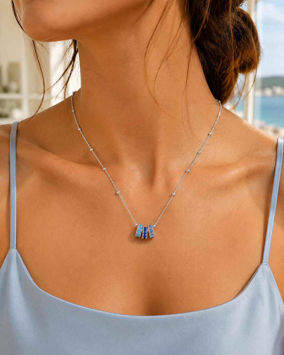 Elara Blue Trio Pavé Necklace – K-Gold Plated