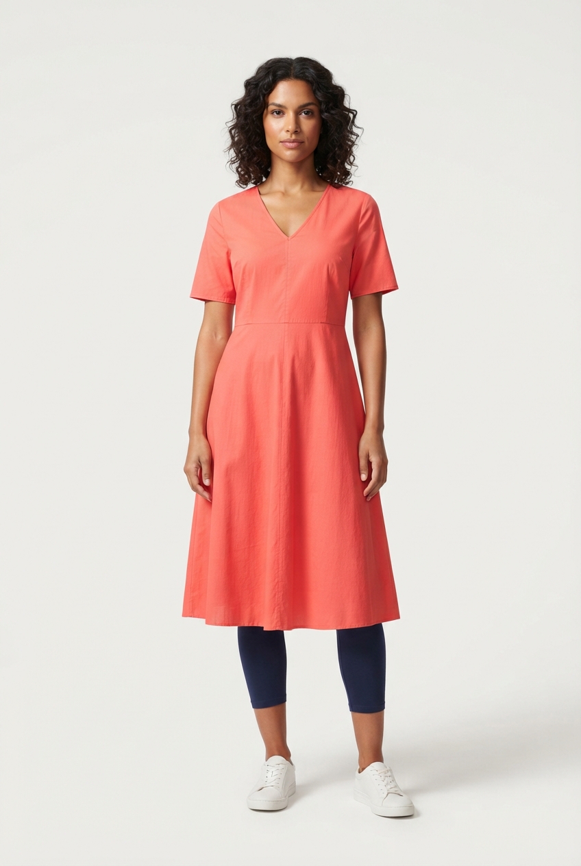 Coral V-neck women's dress for tropical markets