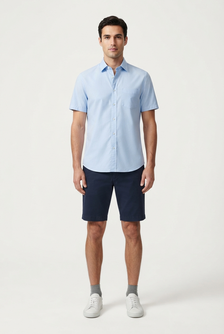 Lightweight men's short-sleeve shirt in lightblue on Southeast Asia model