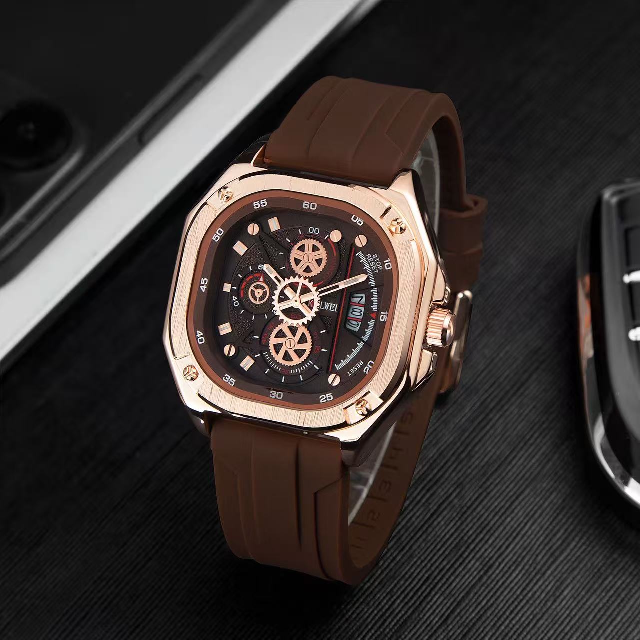 Luxury Square Men Quartz Watch Silicone Strap Business Wrist Watch