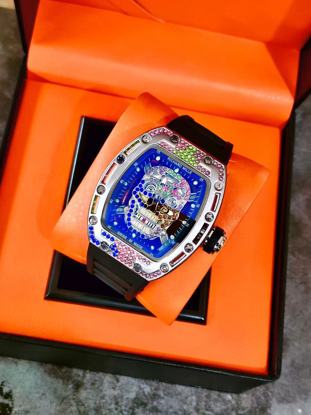 Men Tonneau Skeleton Wrist Watch, Colorful Skull Dial, Rhinestone Inlay, Red Silicone Rubber Strap