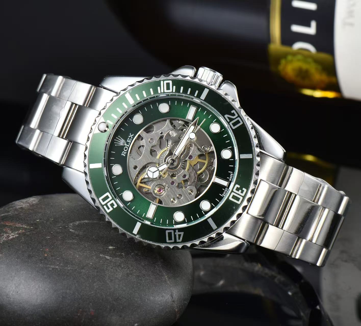 Men Skeleton Diver Sport Wrist Watch, Black Ceramic Bezel, Stainless Steel Bracelet, Hollow Mechanical Dial