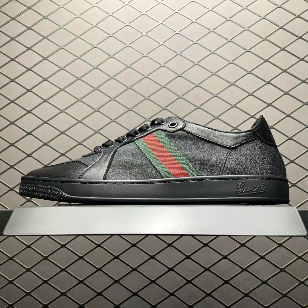 Men Low‑top Casual Sneakers, Smooth Leather Upper, Black Tone, Color‑Block Webbing Detail, Street Fashion Shoes
